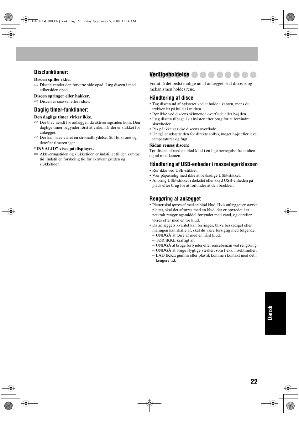 Dansk, Vedligeholdelse | JVC UX-G200 User Manual | Page 151 / 155