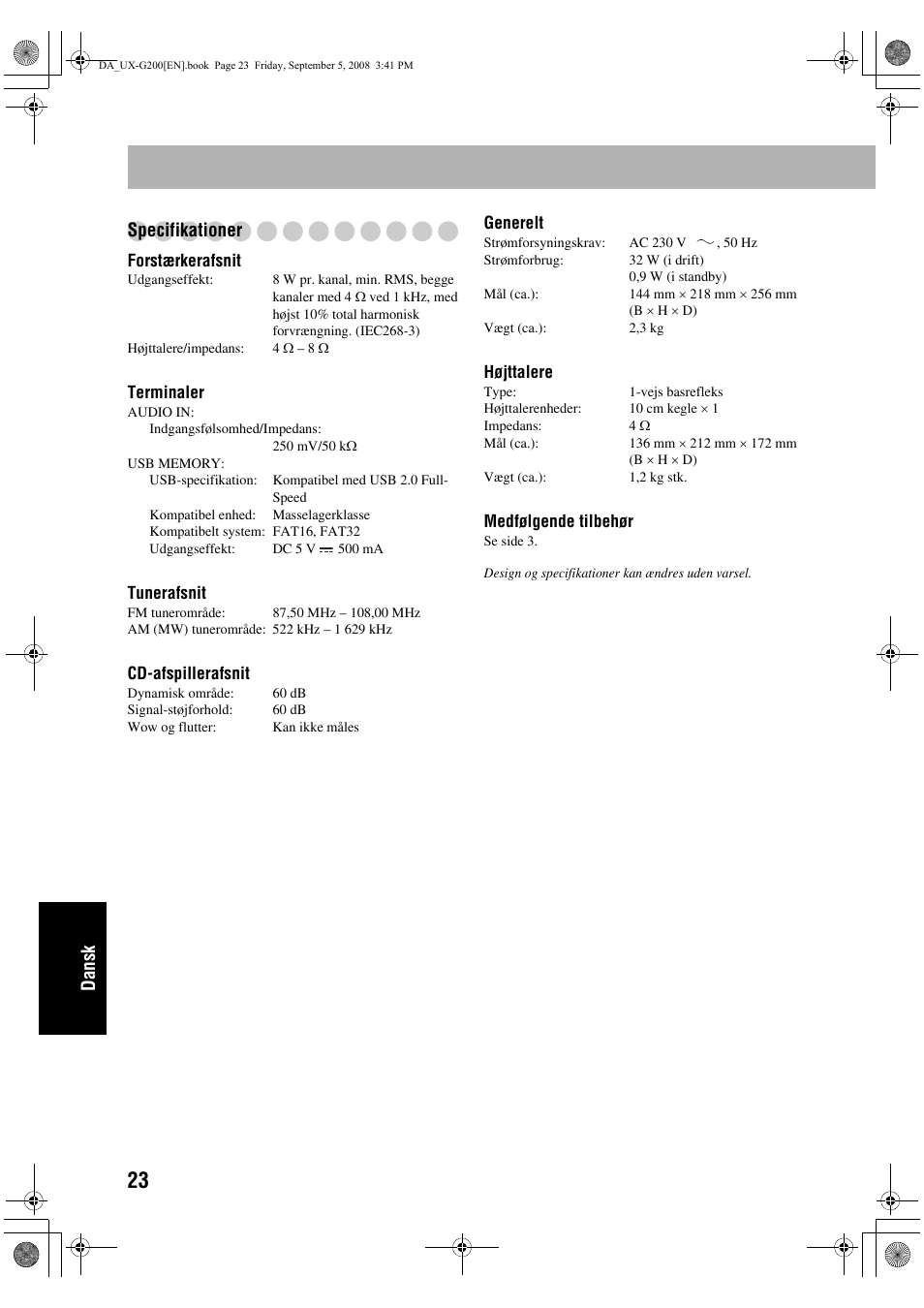 Dansk specifikationer | JVC UX-G200 User Manual | Page 152 / 155