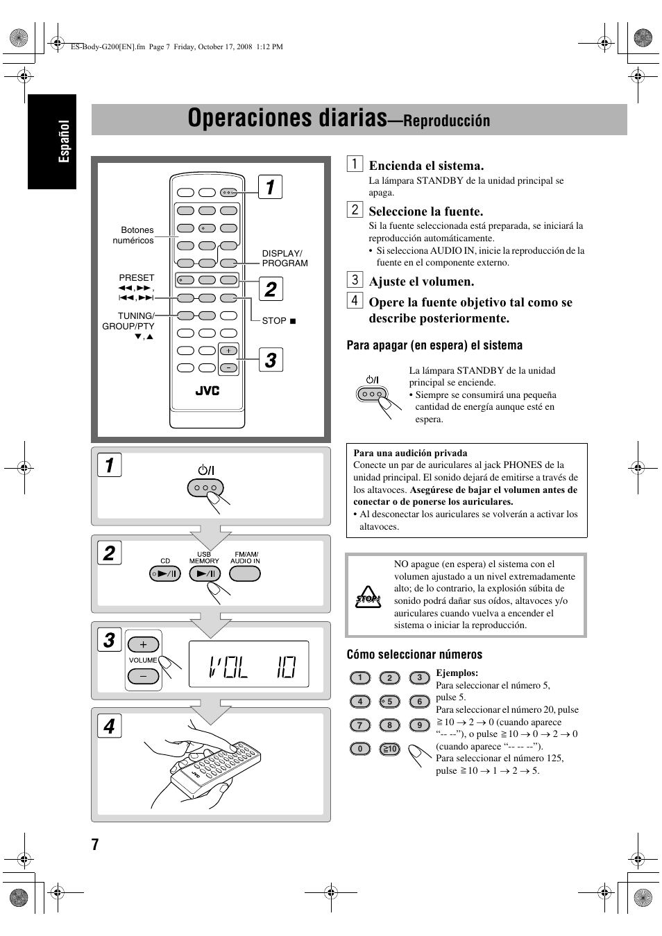 Operaciones diarias, Reproducción, Español | Encienda el sistema, Seleccione la fuente, Ajuste el volumen | JVC UX-G200 User Manual | Page 16 / 155