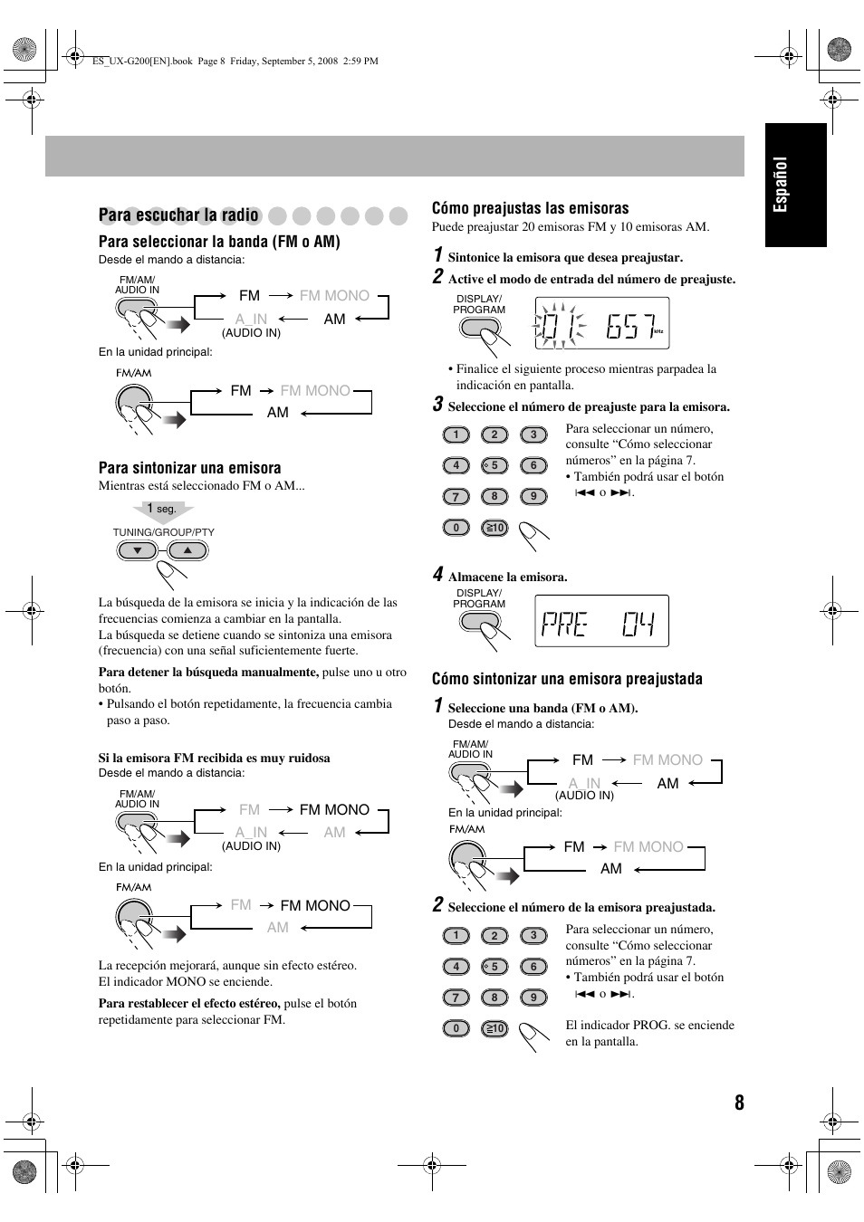 Español para escuchar la radio | JVC UX-G200 User Manual | Page 17 / 155