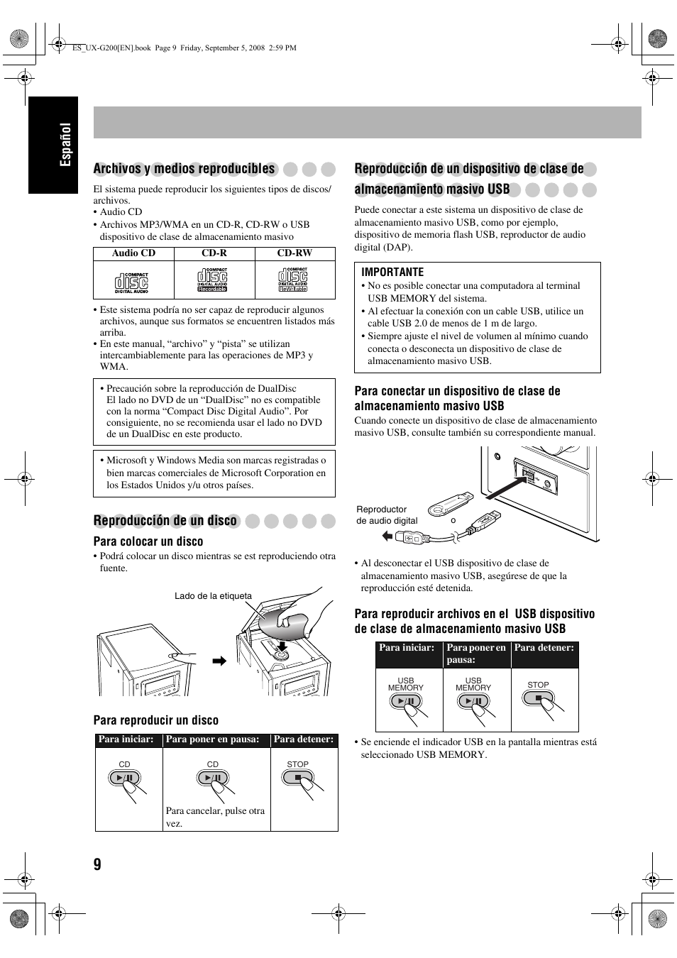 Español archivos y medios reproducibles, Reproducción de un disco | JVC UX-G200 User Manual | Page 18 / 155