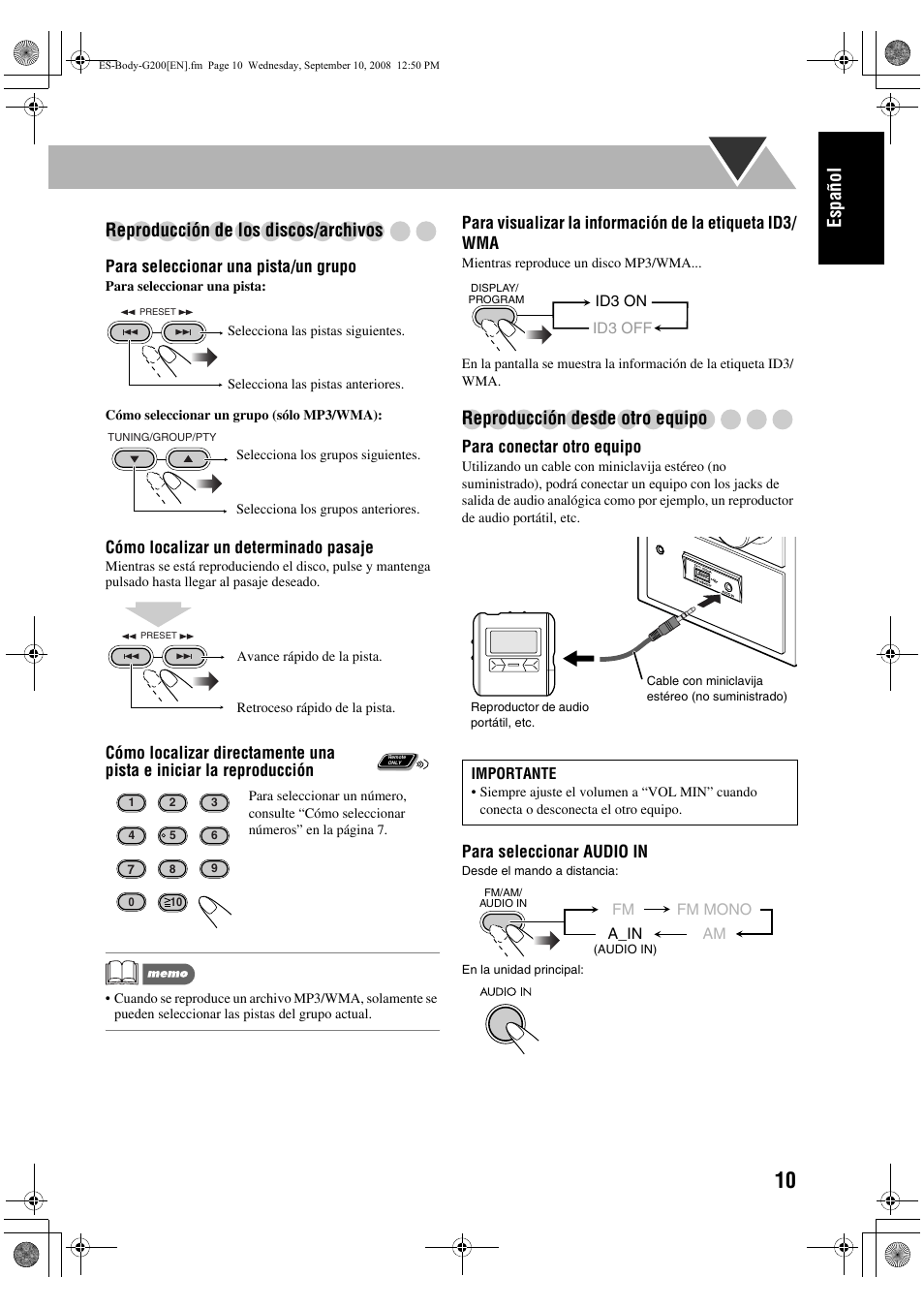 Español reproducción de los discos/archivos, Reproducción desde otro equipo | JVC UX-G200 User Manual | Page 19 / 155