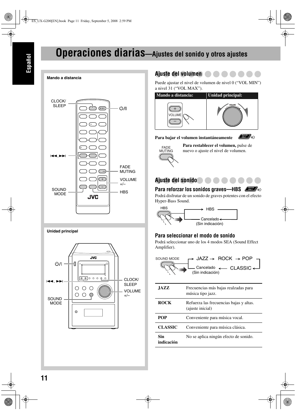 Operaciones diarias, Ajustes del sonido y otros ajustes, Español | Ajuste del volumen, Ajuste del sonido | JVC UX-G200 User Manual | Page 20 / 155
