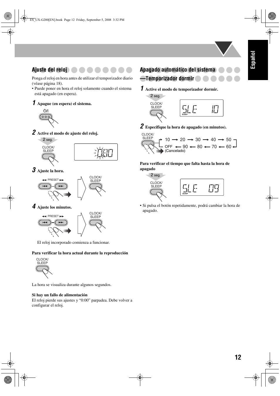 Español ajuste del reloj | JVC UX-G200 User Manual | Page 21 / 155