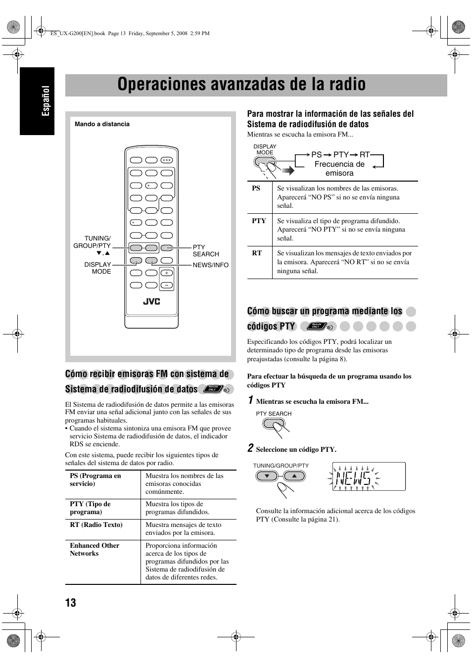 Operaciones avanzadas de la radio, Español, Cómo buscar un programa mediante los códigos pty | JVC UX-G200 User Manual | Page 22 / 155