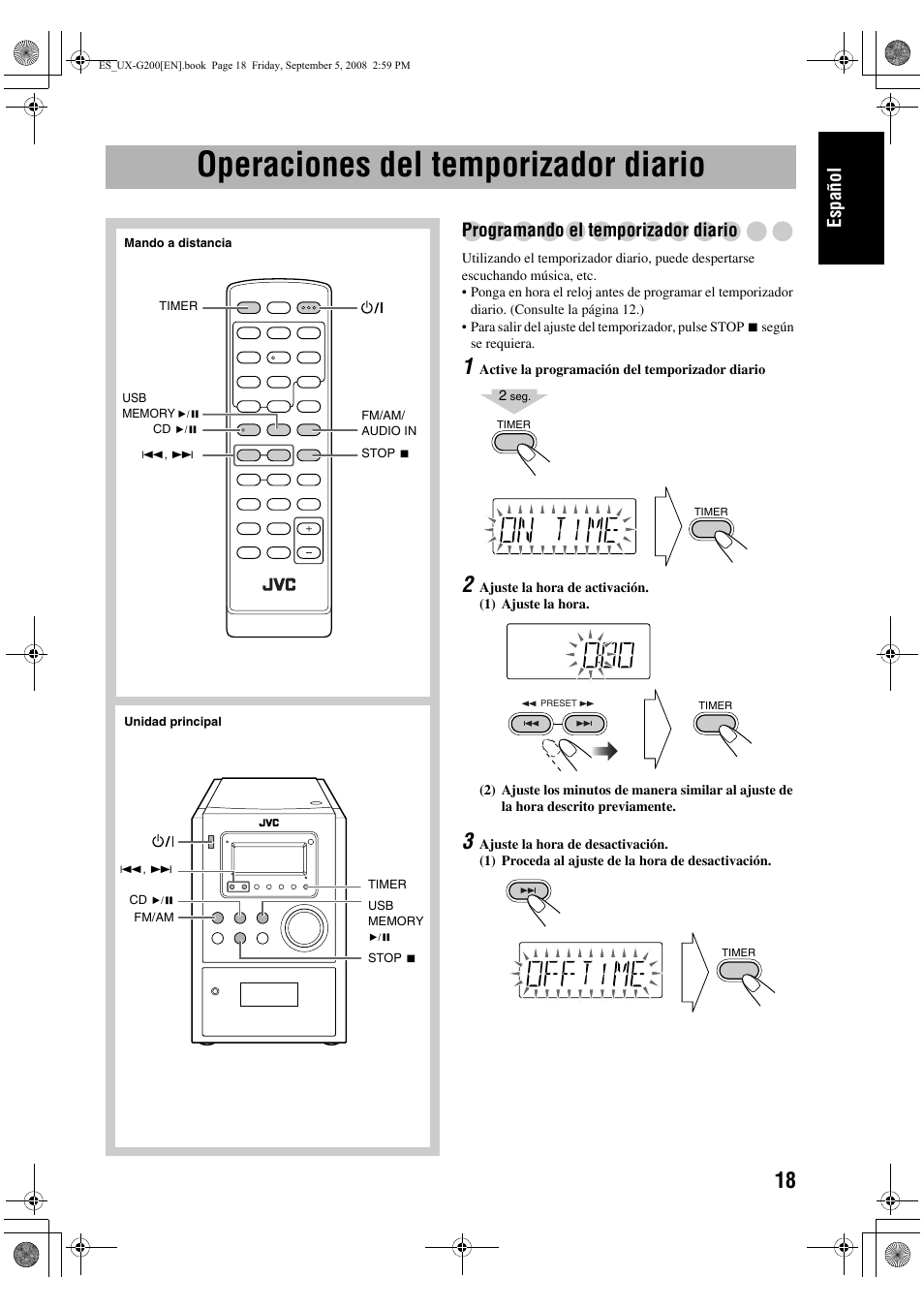 Operaciones del temporizador diario, Español, Programando el temporizador diario | JVC UX-G200 User Manual | Page 27 / 155