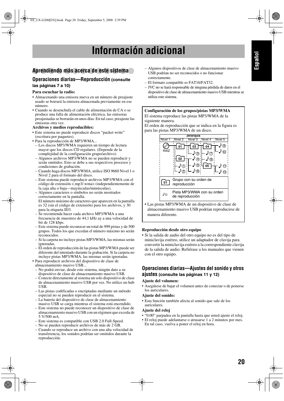 Información adicional, Español, Aprendiendo más acerca de este sistema | Operaciones diarias—reproducción | JVC UX-G200 User Manual | Page 29 / 155