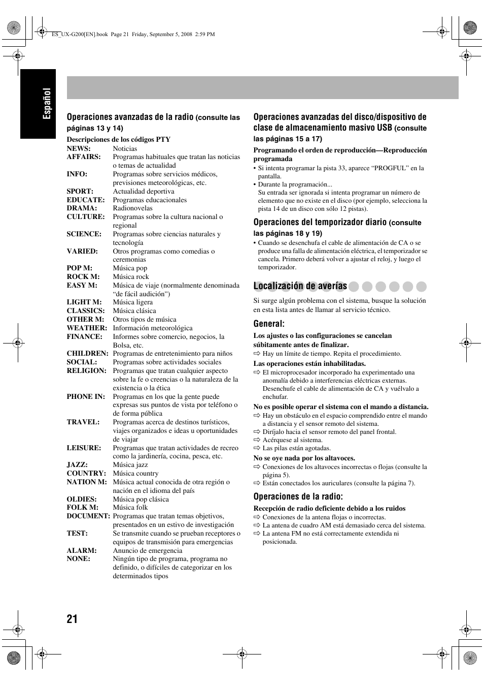 Español, Localización de averías | JVC UX-G200 User Manual | Page 30 / 155