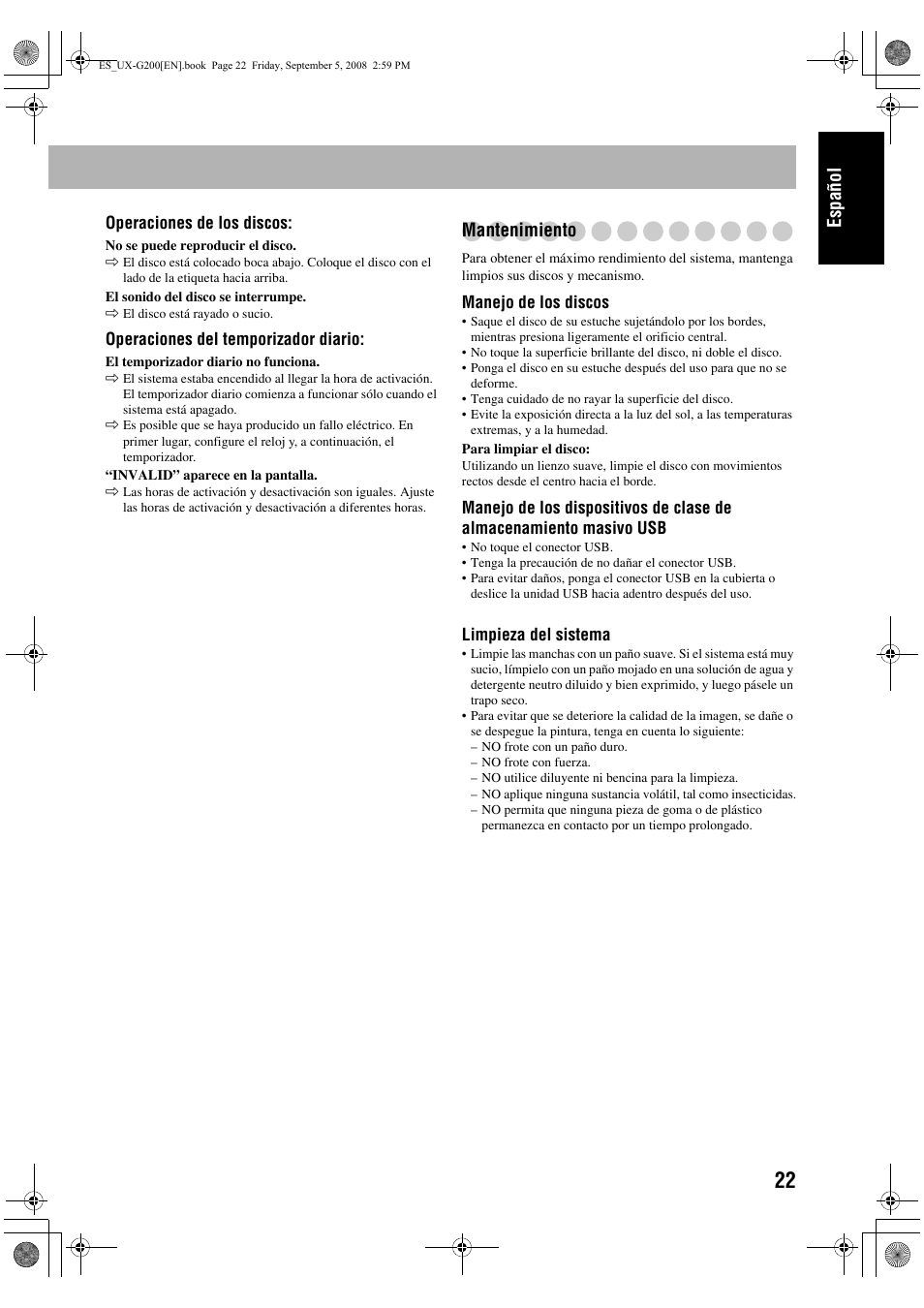 Español, Mantenimiento | JVC UX-G200 User Manual | Page 31 / 155