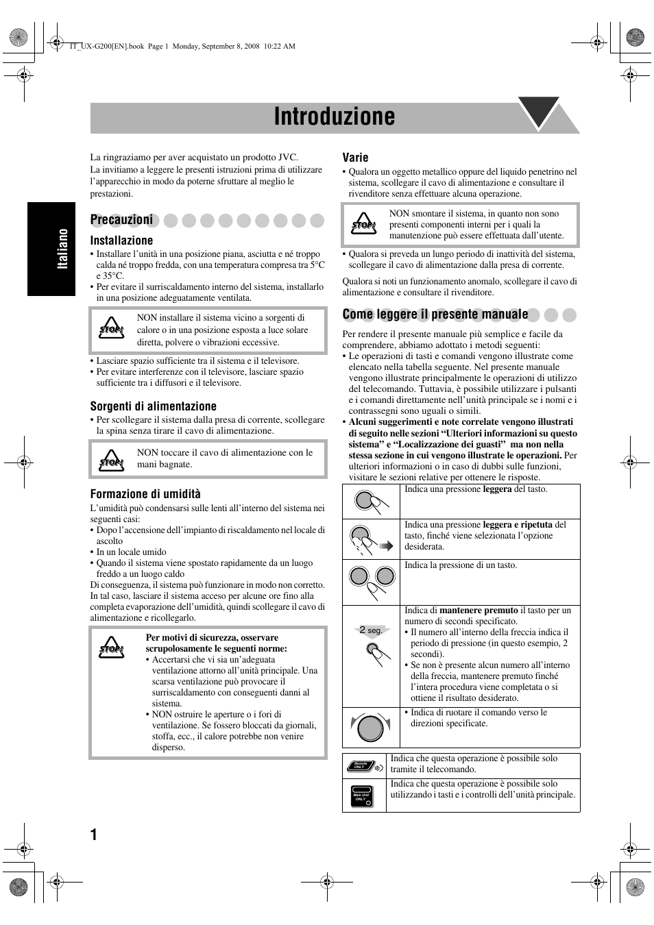 Introduzione, Italiano, Precauzioni | Come leggere il presente manuale | JVC UX-G200 User Manual | Page 34 / 155