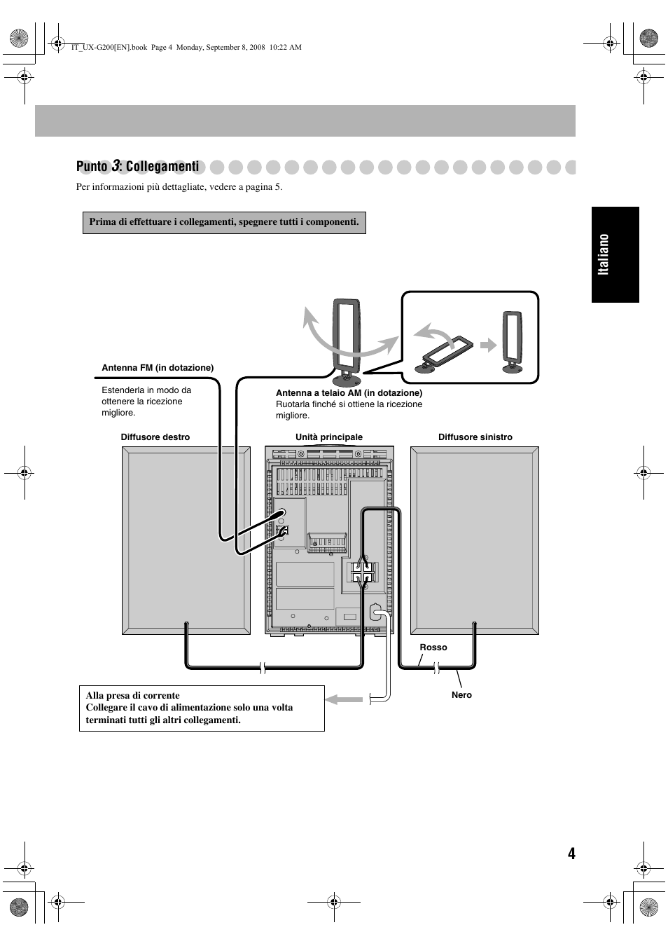 Italiano punto, Collegamenti | JVC UX-G200 User Manual | Page 37 / 155