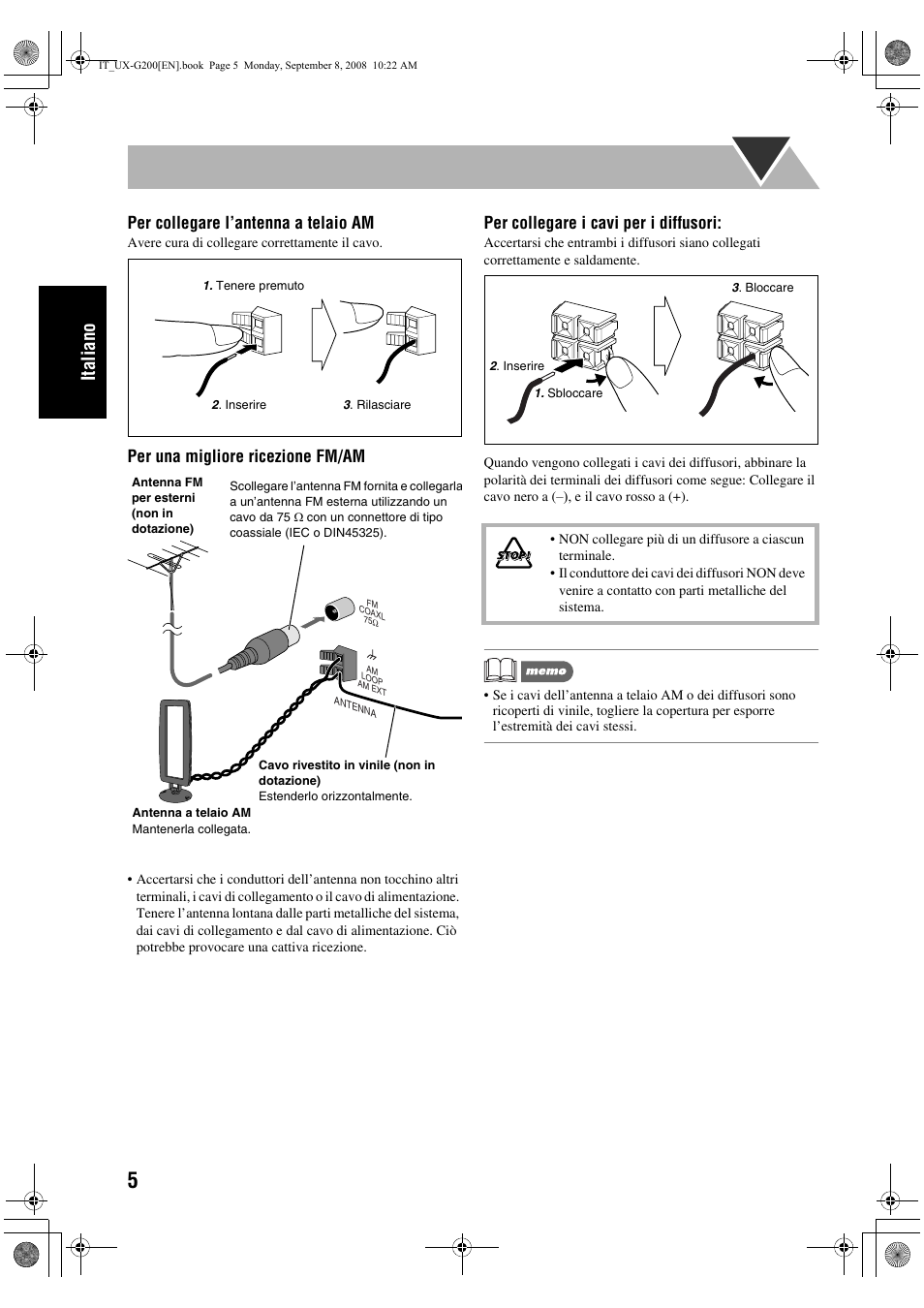 Italiano, Per collegare l’antenna a telaio am, Per una migliore ricezione fm/am | Per collegare i cavi per i diffusori | JVC UX-G200 User Manual | Page 38 / 155