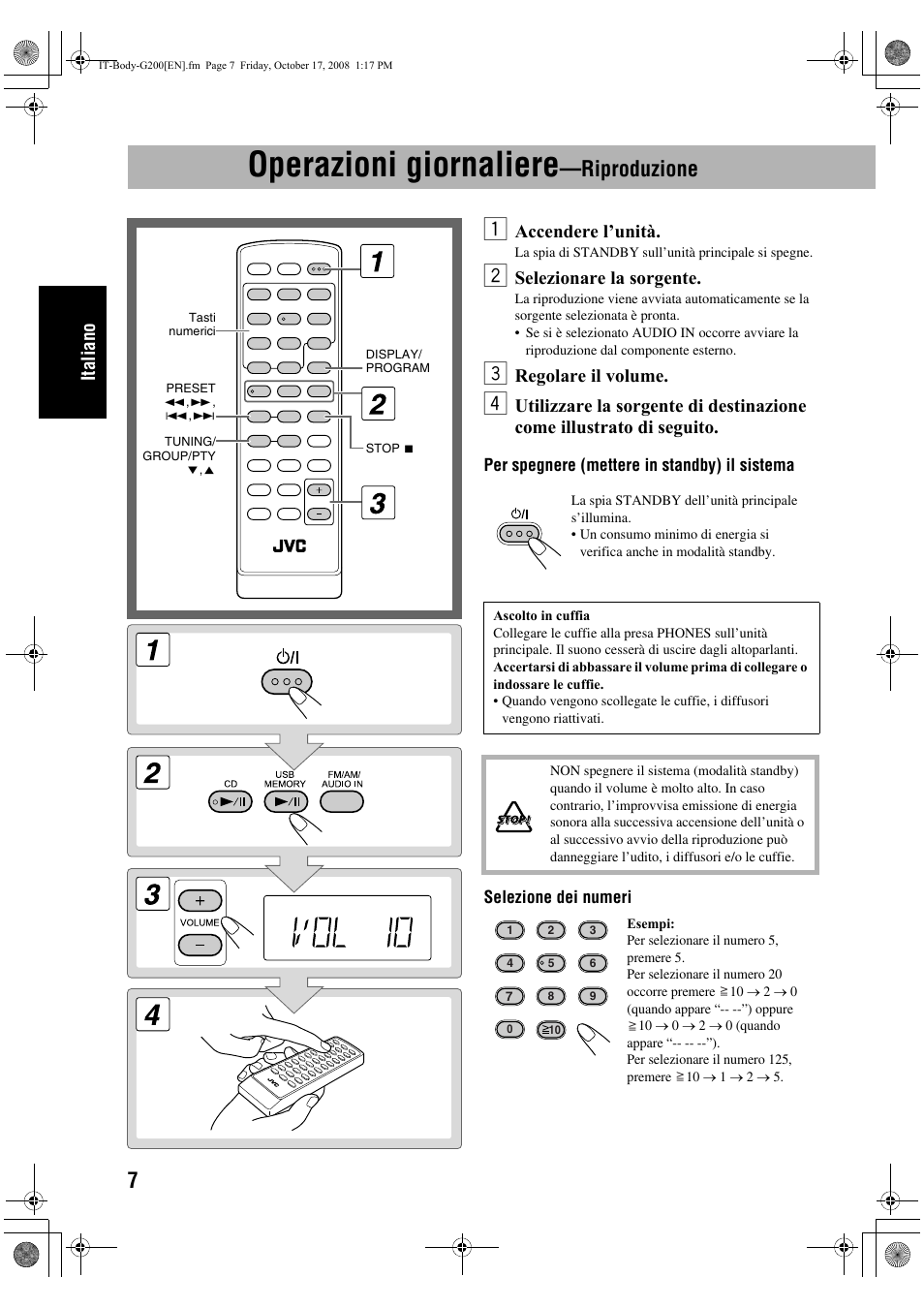 Operazioni giornaliere, Riproduzione, Italiano | Accendere l’unità, Selezionare la sorgente, Regolare il volume | JVC UX-G200 User Manual | Page 40 / 155