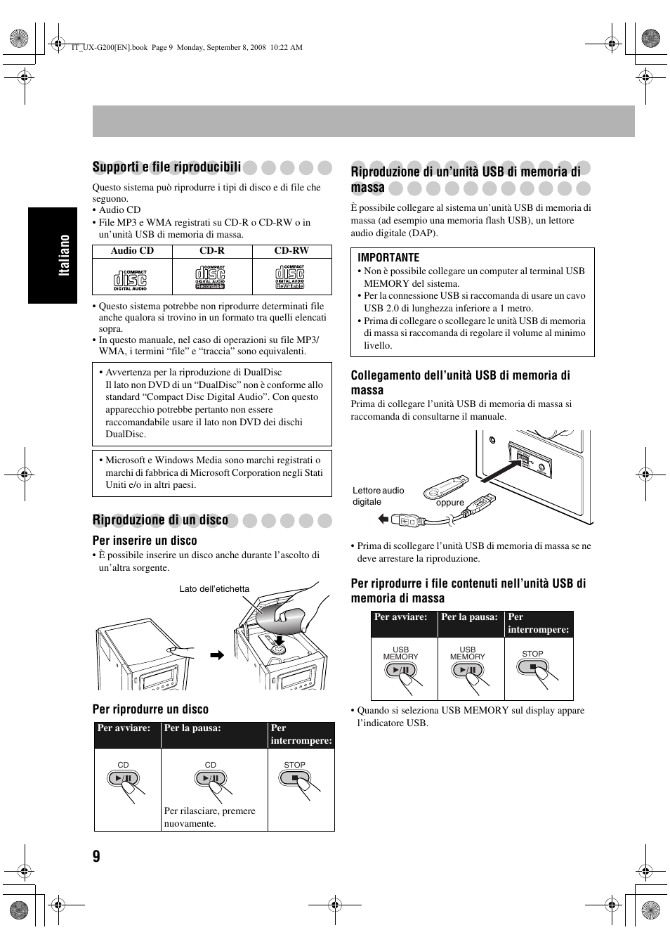 Italiano supporti e file riproducibili, Riproduzione di un disco | JVC UX-G200 User Manual | Page 42 / 155