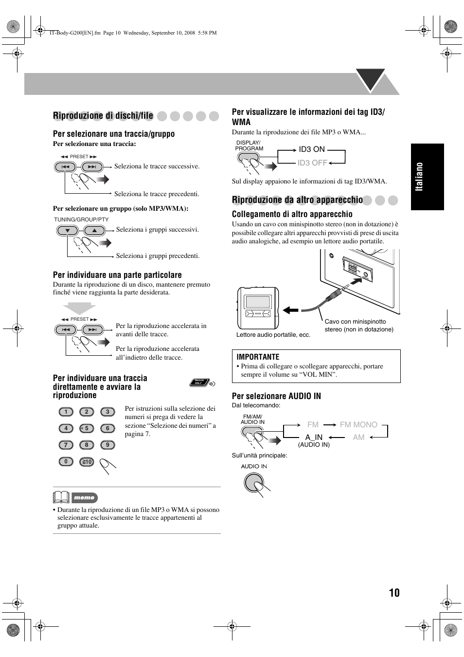 Italiano riproduzione di dischi/file, Riproduzione da altro apparecchio | JVC UX-G200 User Manual | Page 43 / 155