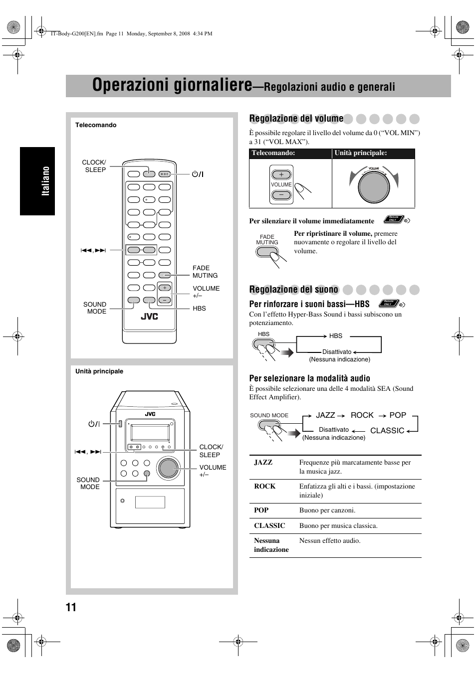 Operazioni giornaliere, Regolazioni audio e generali, Italiano | Regolazione del volume, Regolazione del suono | JVC UX-G200 User Manual | Page 44 / 155