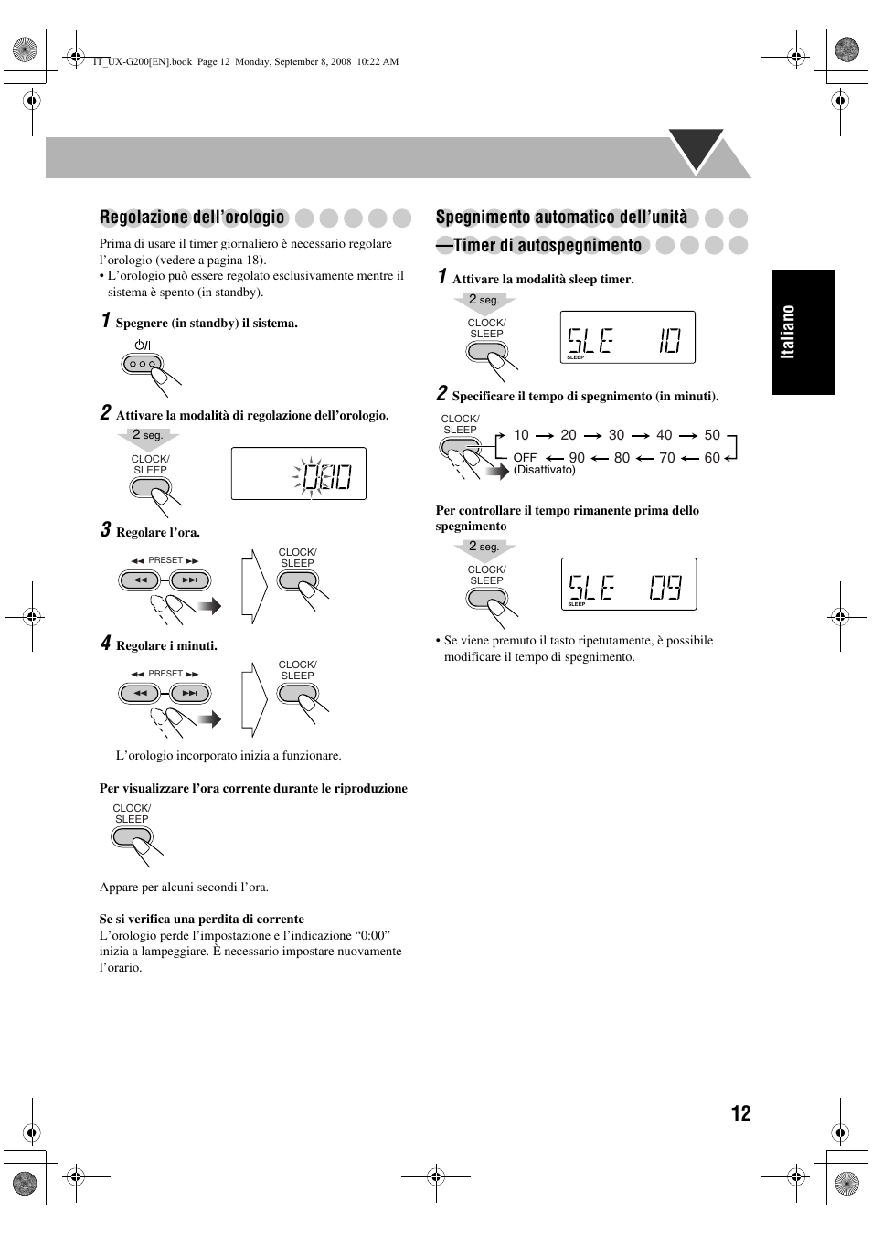 Italiano regolazione dell’orologio | JVC UX-G200 User Manual | Page 45 / 155