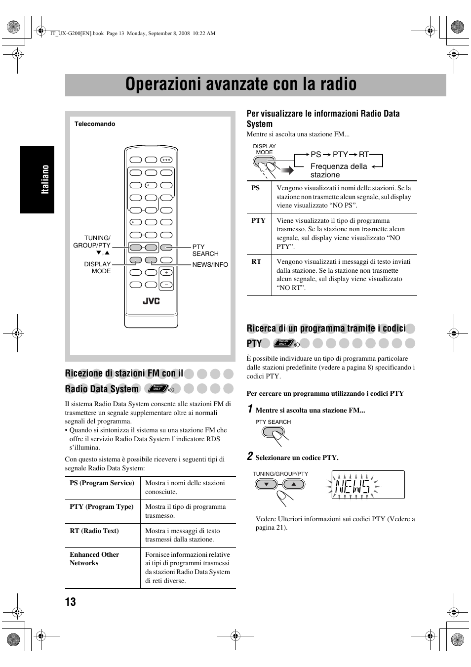 Operazioni avanzate con la radio, Italiano, Ricezione di stazioni fm con il radio data system | Ricerca di un programma tramite i codici pty | JVC UX-G200 User Manual | Page 46 / 155