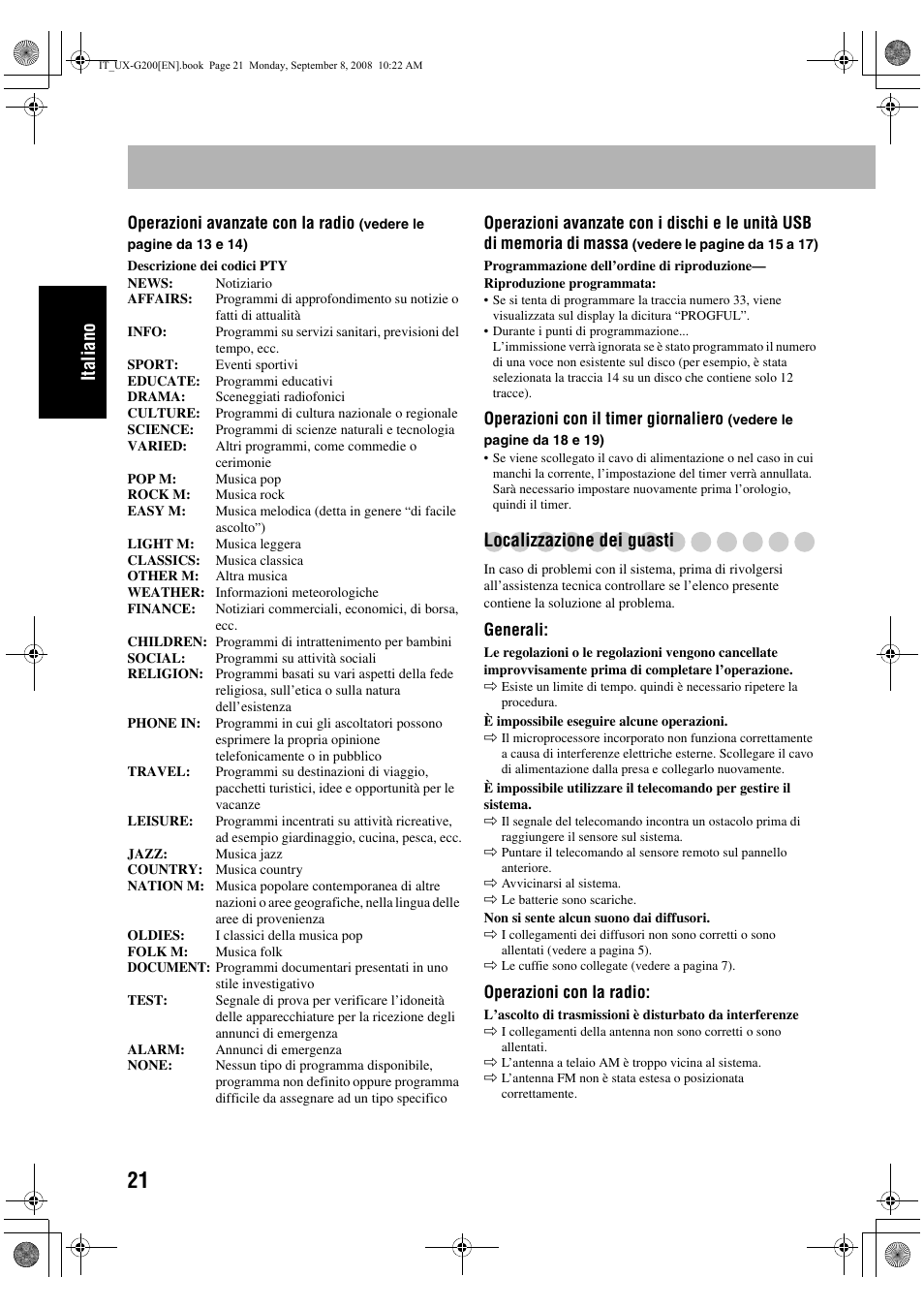 Italiano, Localizzazione dei guasti | JVC UX-G200 User Manual | Page 54 / 155