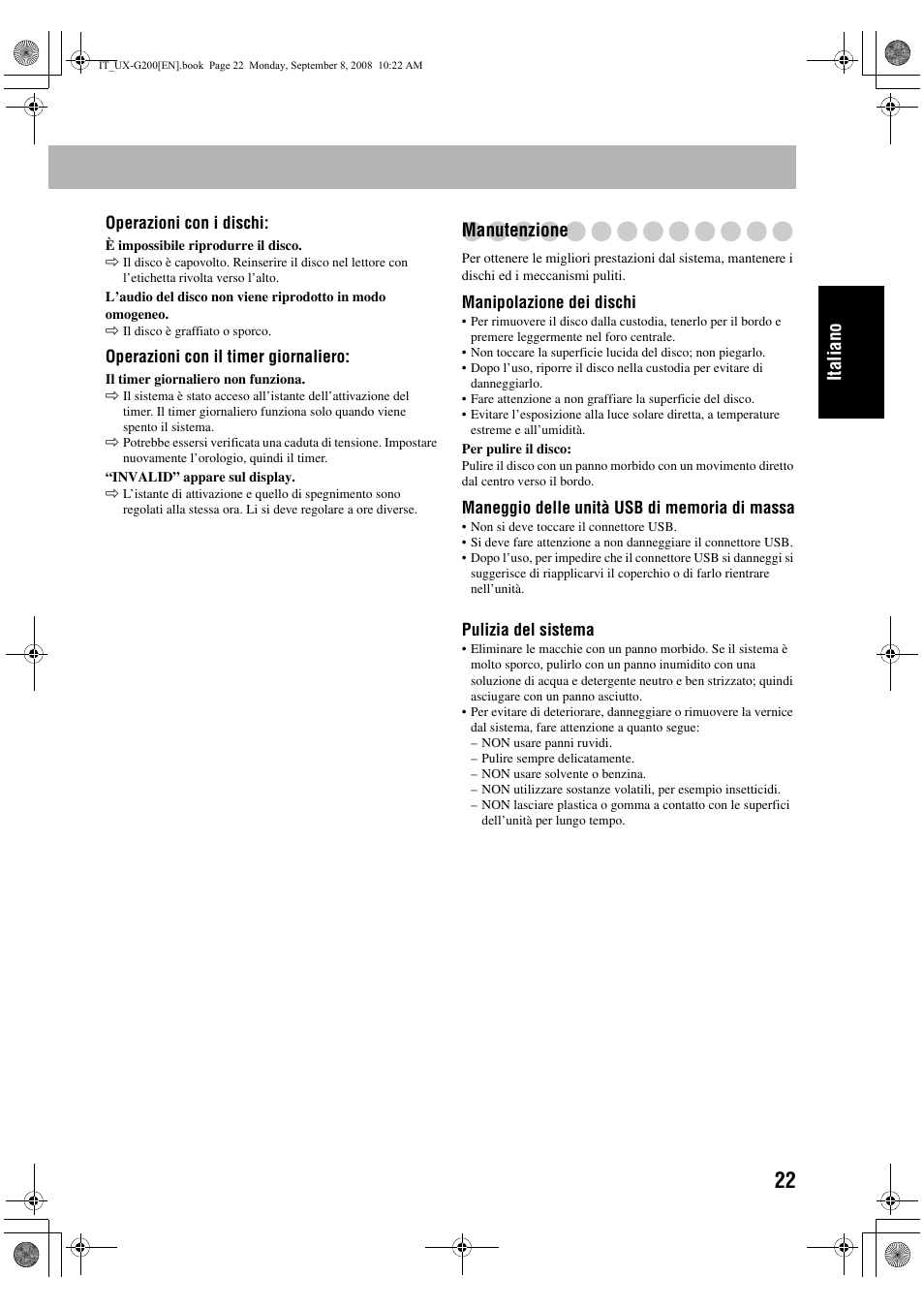 Italiano, Manutenzione | JVC UX-G200 User Manual | Page 55 / 155