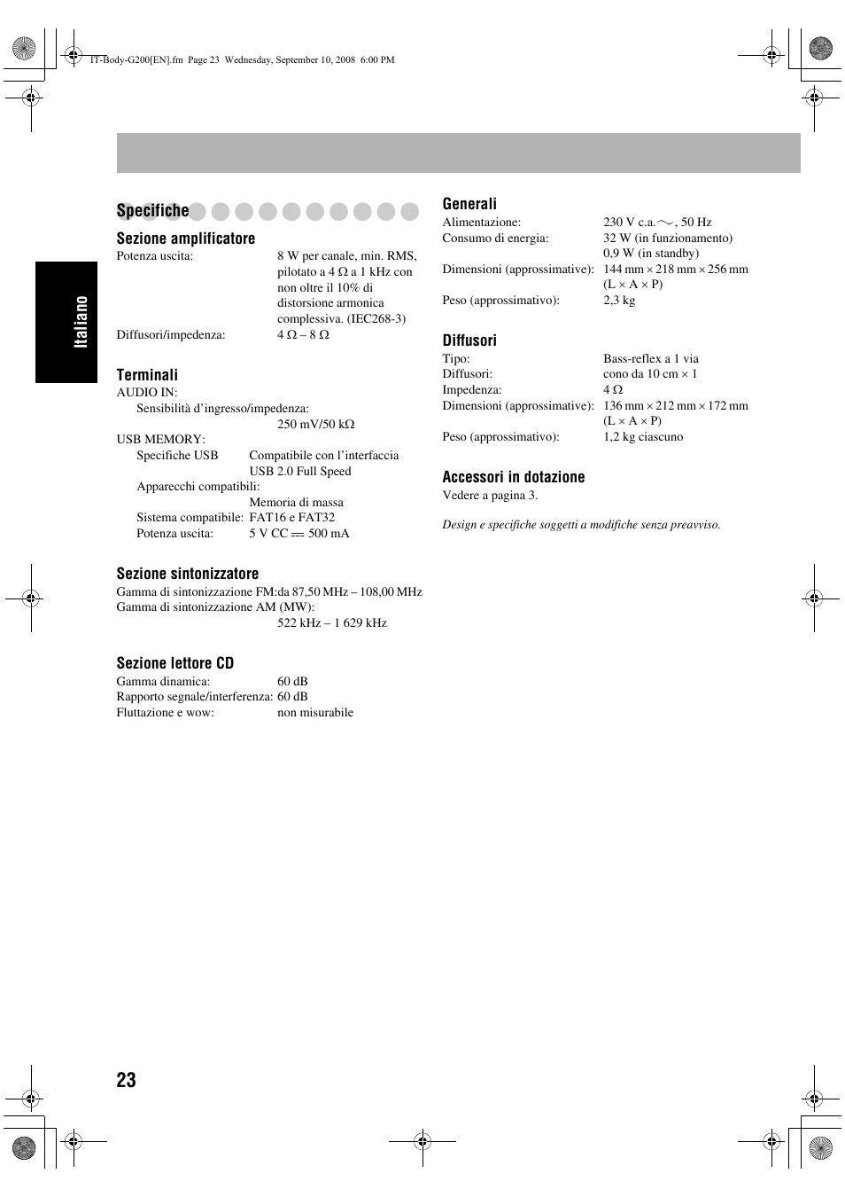 Italiano specifiche | JVC UX-G200 User Manual | Page 56 / 155