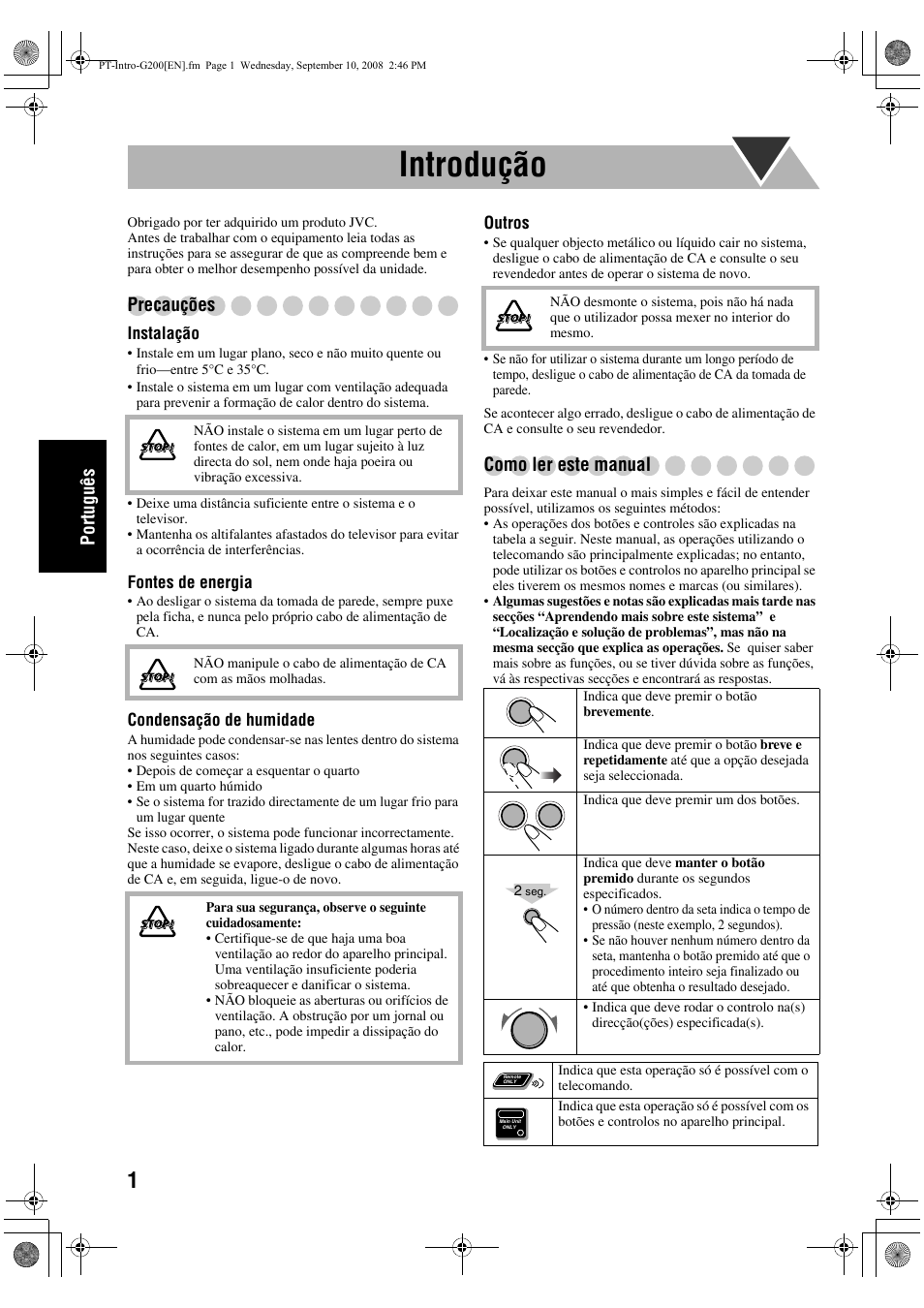 Introdução, Português, Precauções | Como ler este manual | JVC UX-G200 User Manual | Page 58 / 155
