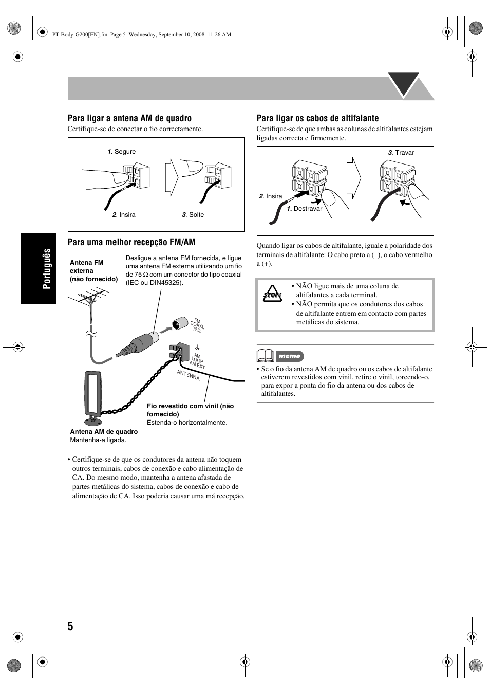 Português, Para ligar a antena am de quadro, Para uma melhor recepção fm/am | Para ligar os cabos de altifalante | JVC UX-G200 User Manual | Page 62 / 155