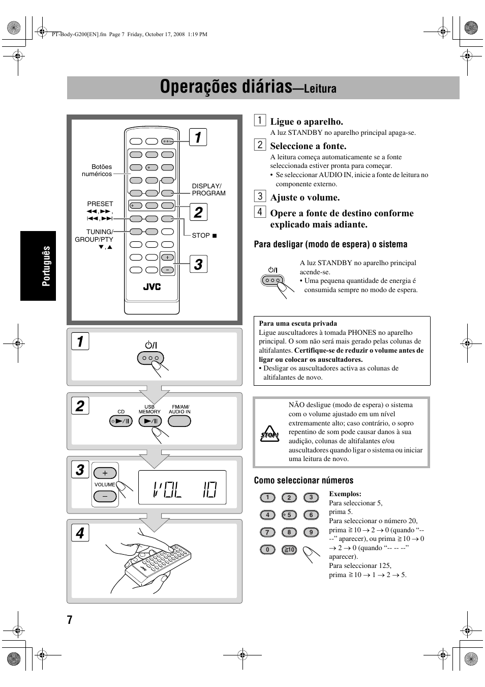 Operações diárias, Leitura, Português | Ligue o aparelho, Seleccione a fonte, Ajuste o volume | JVC UX-G200 User Manual | Page 64 / 155
