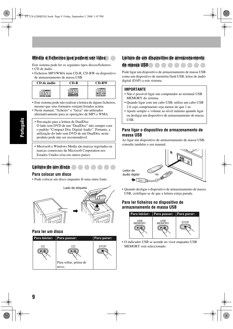 Português média e ficheiros que podem ser lidos, Leitura de um disco | JVC UX-G200 User Manual | Page 66 / 155