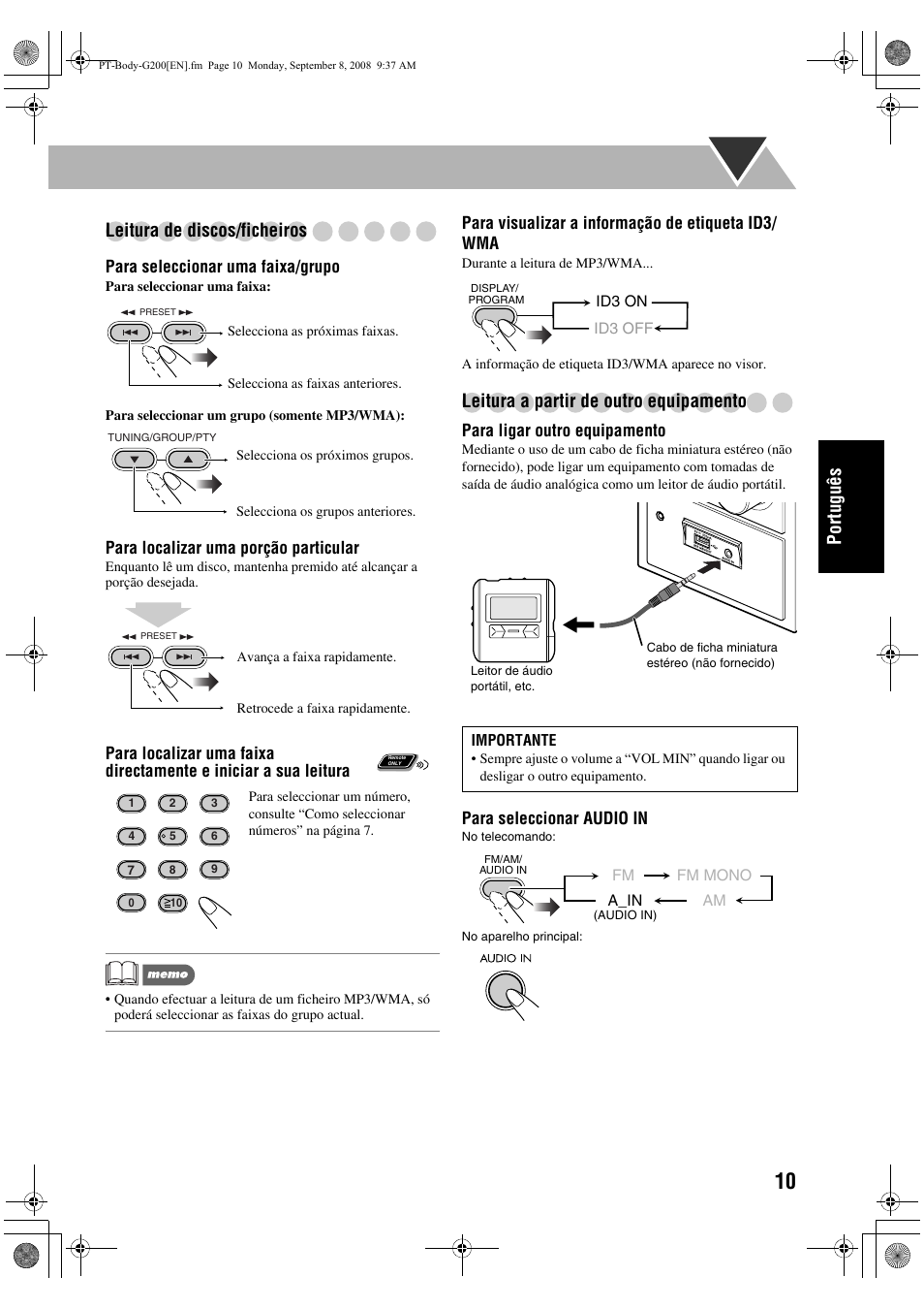 Portug uês leitura de discos/ficheiros, Leitura a partir de outro equipamento | JVC UX-G200 User Manual | Page 67 / 155