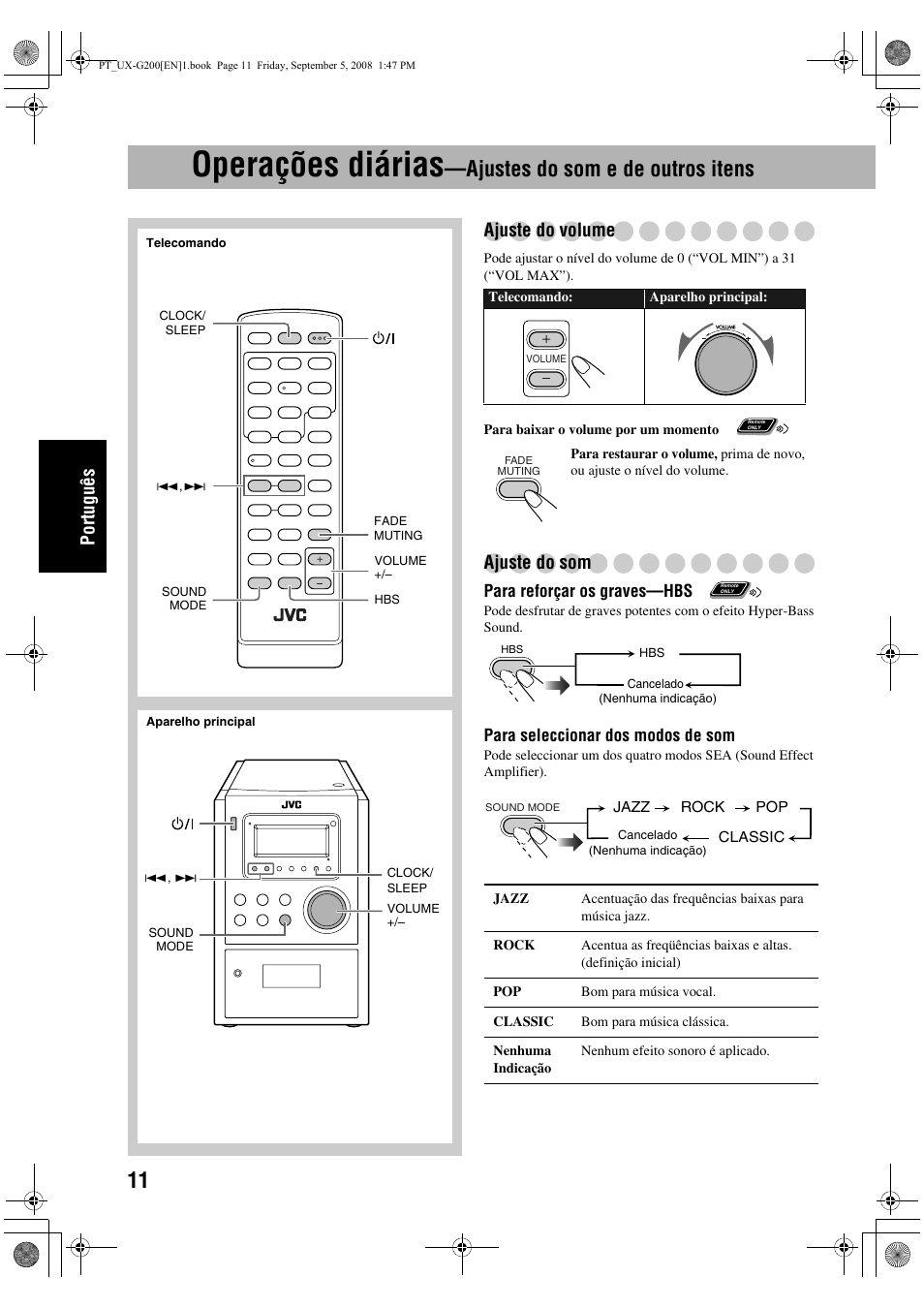 Operações diárias, Ajustes do som e de outros itens, Português | Ajuste do volume, Ajuste do som | JVC UX-G200 User Manual | Page 68 / 155