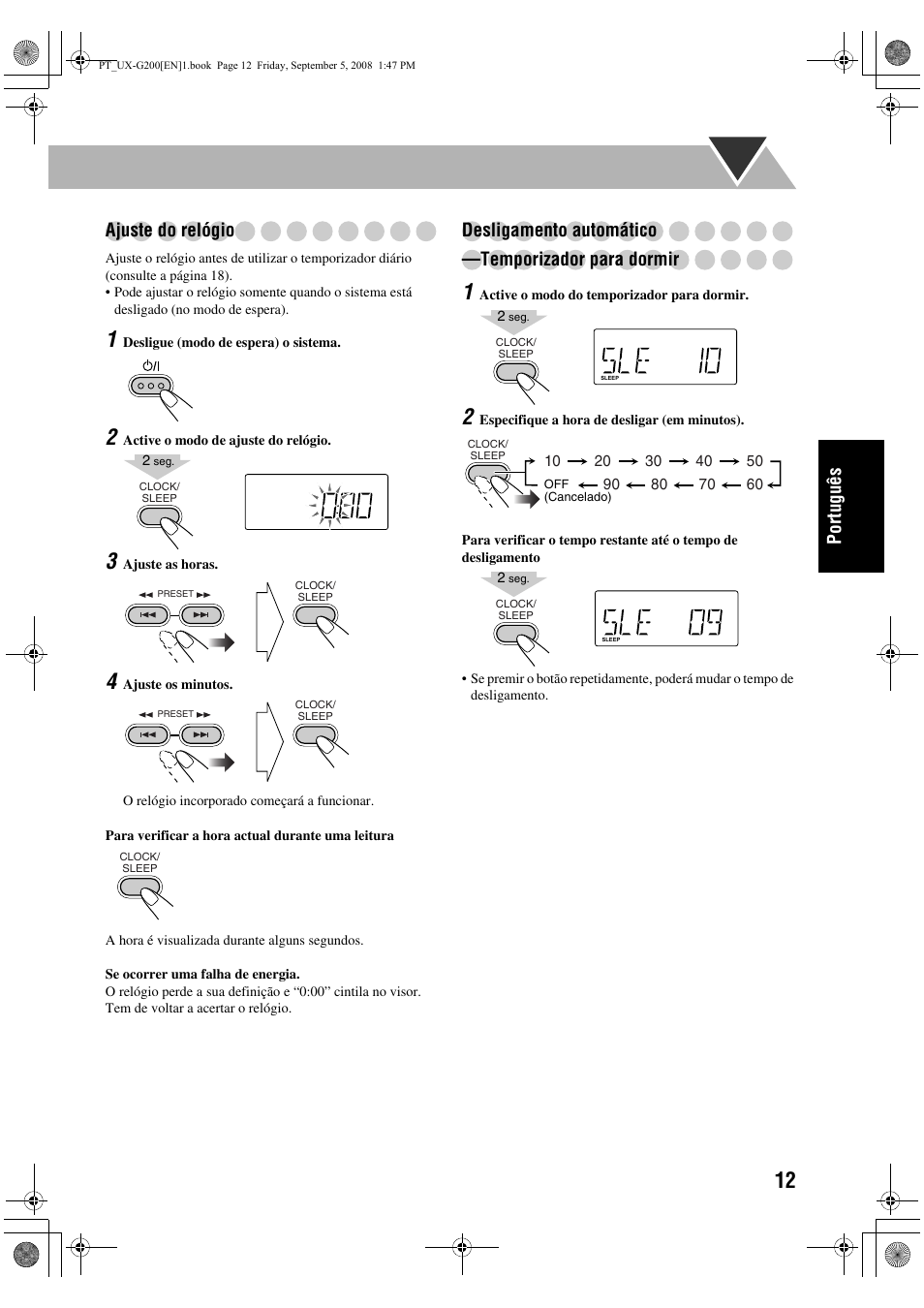 Portug uês ajuste do relógio, Desligamento automático —temporizador para dormir | JVC UX-G200 User Manual | Page 69 / 155