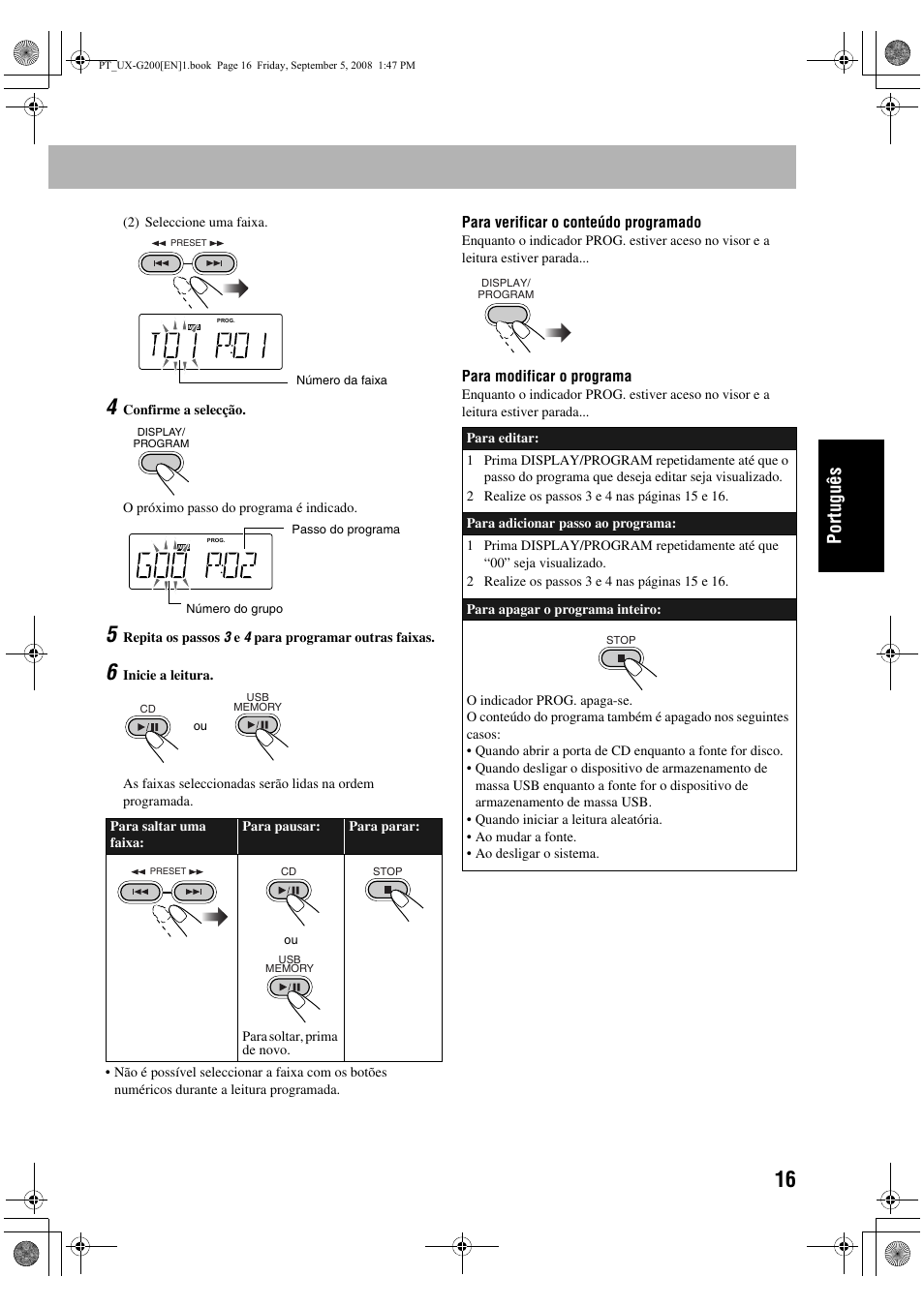 Portug uês | JVC UX-G200 User Manual | Page 73 / 155