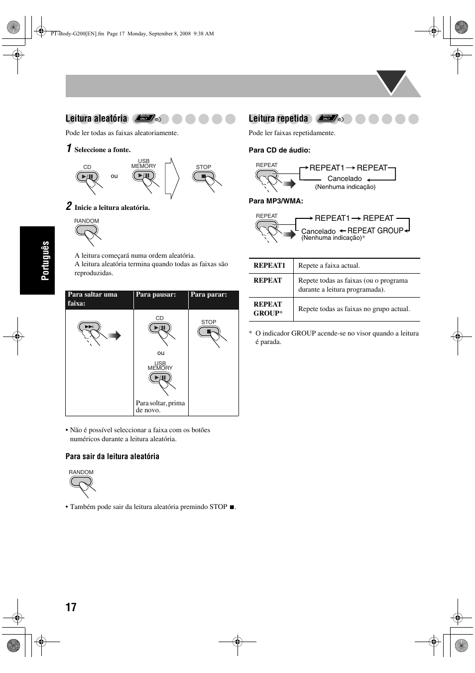 Português leitura aleatória, Leitura repetida | JVC UX-G200 User Manual | Page 74 / 155