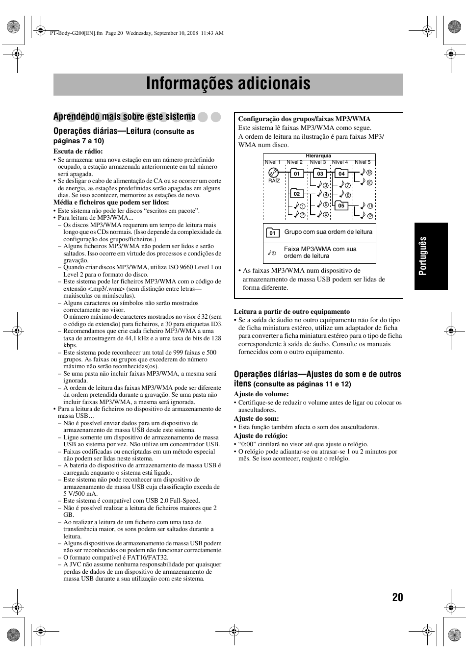 Informações adicionais, Portug uês, Aprendendo mais sobre este sistema | Operações diárias—leitura, Operações diárias—ajustes do som e de outros itens | JVC UX-G200 User Manual | Page 77 / 155