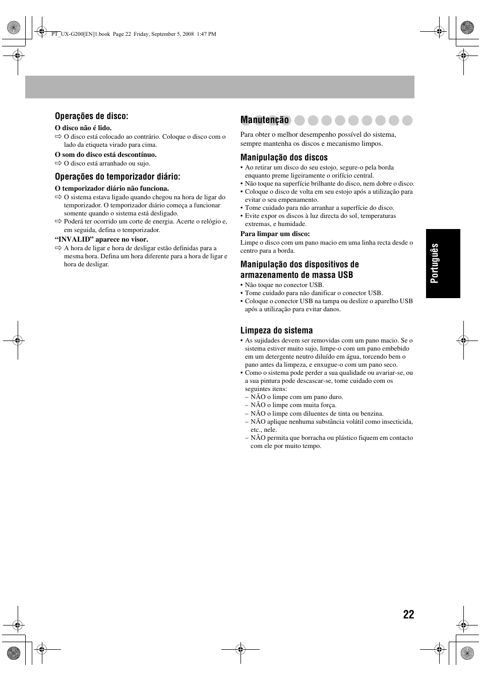 Portug uês, Manutenção | JVC UX-G200 User Manual | Page 79 / 155