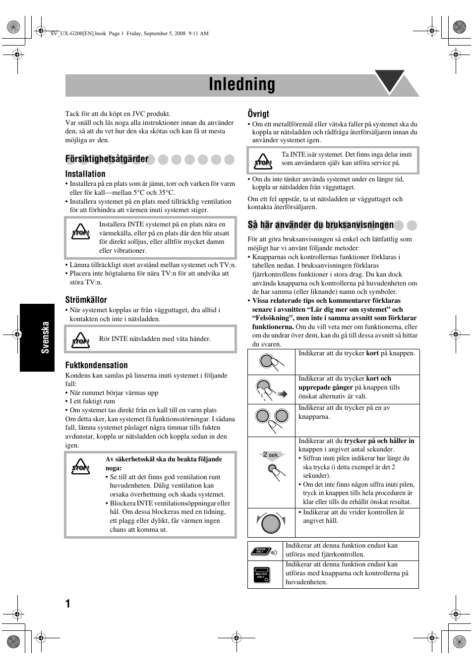 Inledning, Svenska, Försiktighetsåtgärder | Så här använder du bruksanvisningen | JVC UX-G200 User Manual | Page 82 / 155