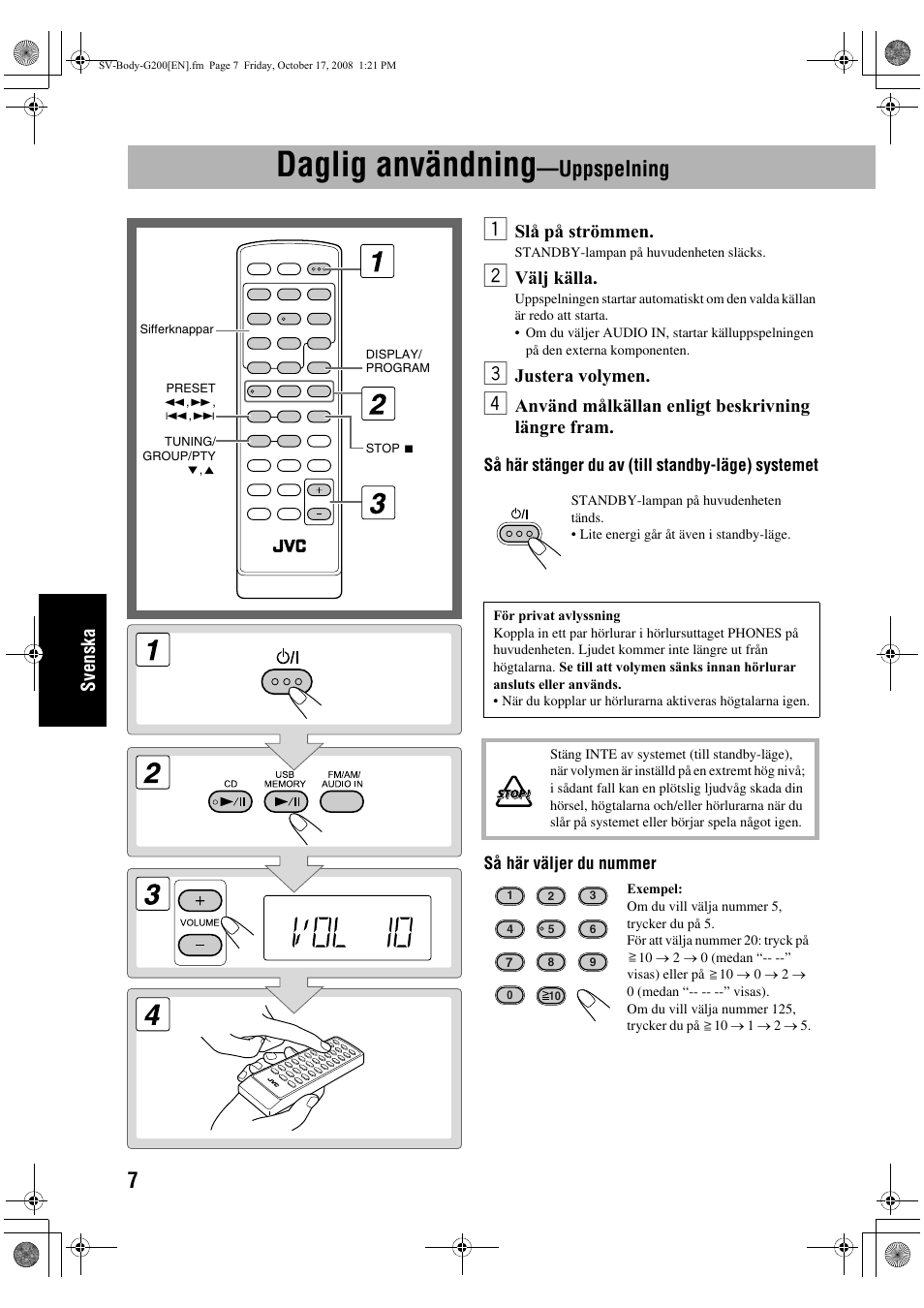 Daglig användning, Uppspelning, Svenska | Slå på strömmen, Välj källa, Justera volymen, Använd målkällan enligt beskrivning längre fram | JVC UX-G200 User Manual | Page 88 / 155