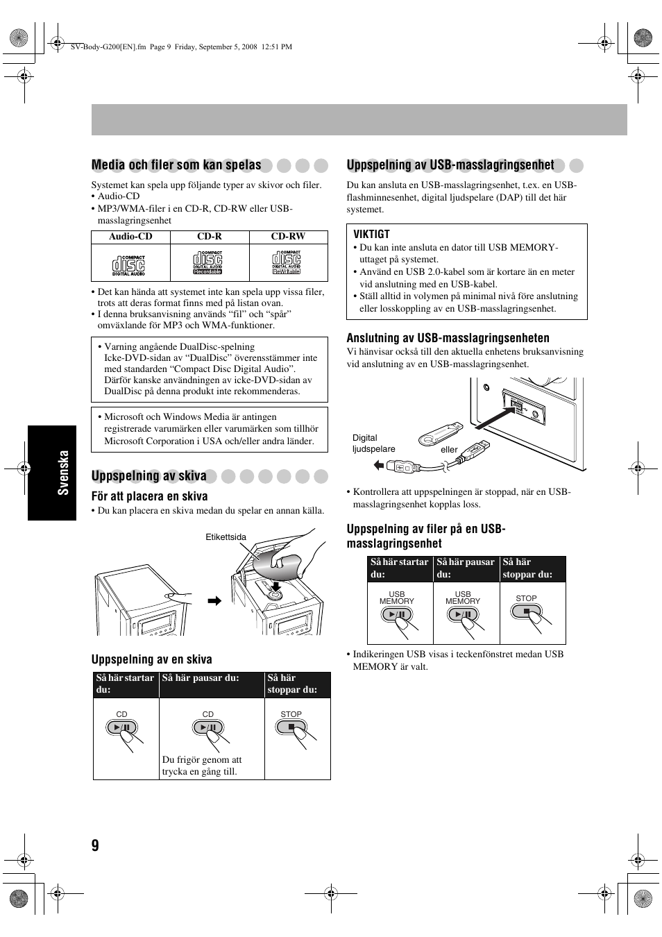 Svenska media och filer som kan spelas, Uppspelning av skiva, Uppspelning av usb-masslagringsenhet | JVC UX-G200 User Manual | Page 90 / 155