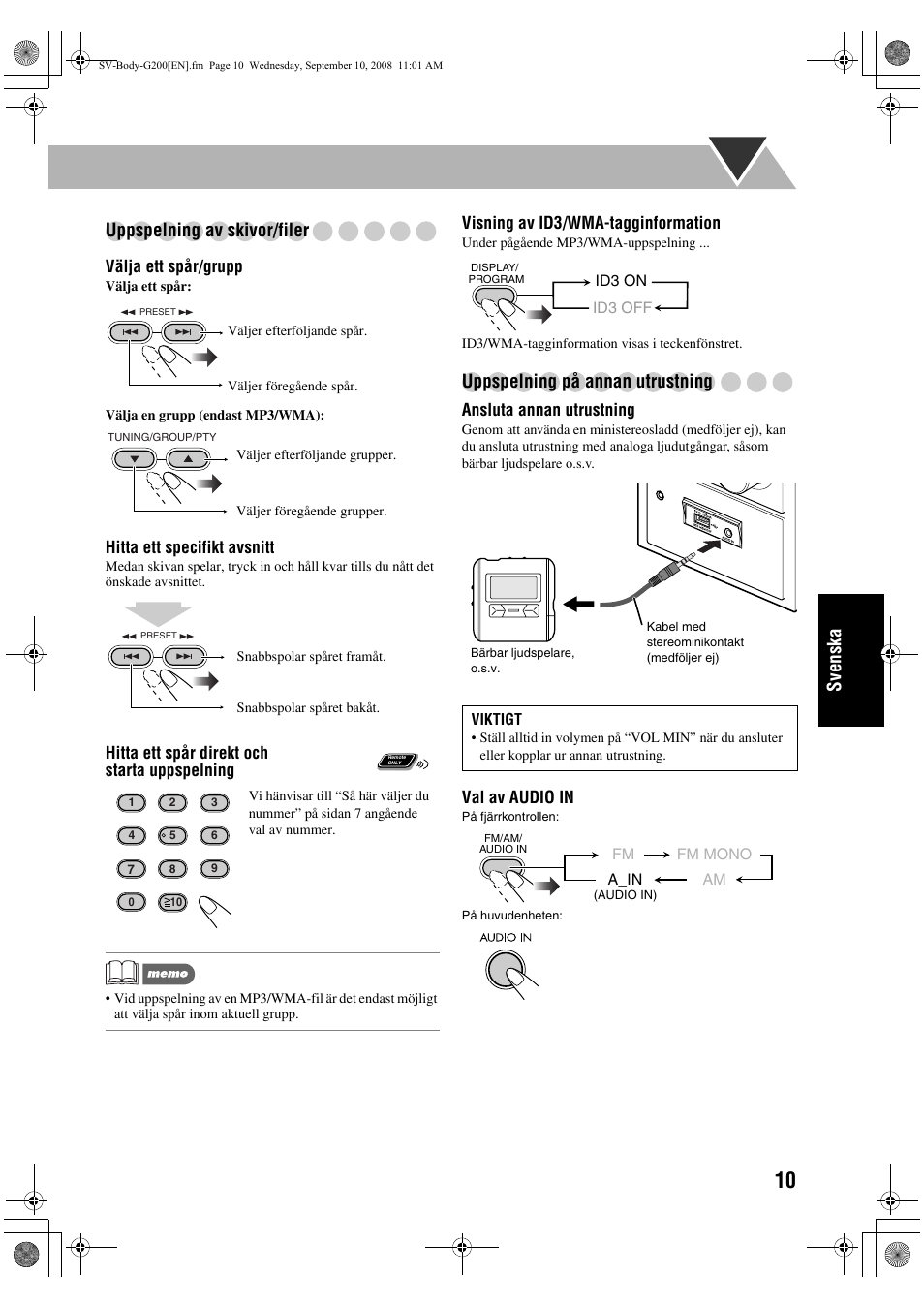 Svenska uppspelning av skivor/filer, Uppspelning på annan utrustning | JVC UX-G200 User Manual | Page 91 / 155
