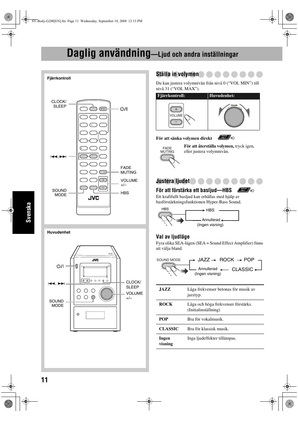 Daglig användning, Ljud och andra inställningar, Svenska | Ställa in volymen, Justera ljudet | JVC UX-G200 User Manual | Page 92 / 155