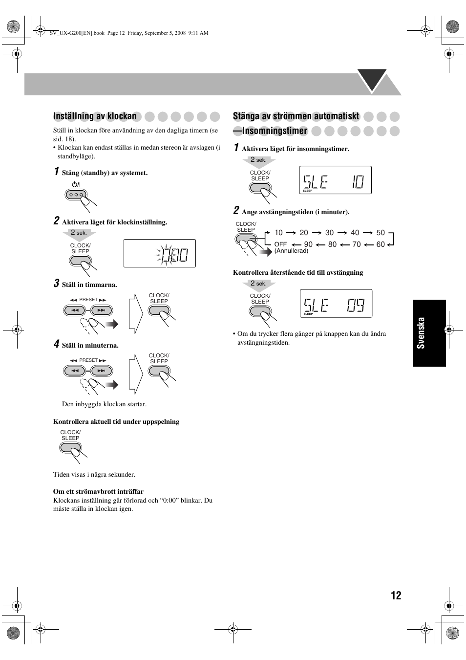 Svenska inställning av klockan, Stänga av strömmen automatiskt —insomningstimer | JVC UX-G200 User Manual | Page 93 / 155