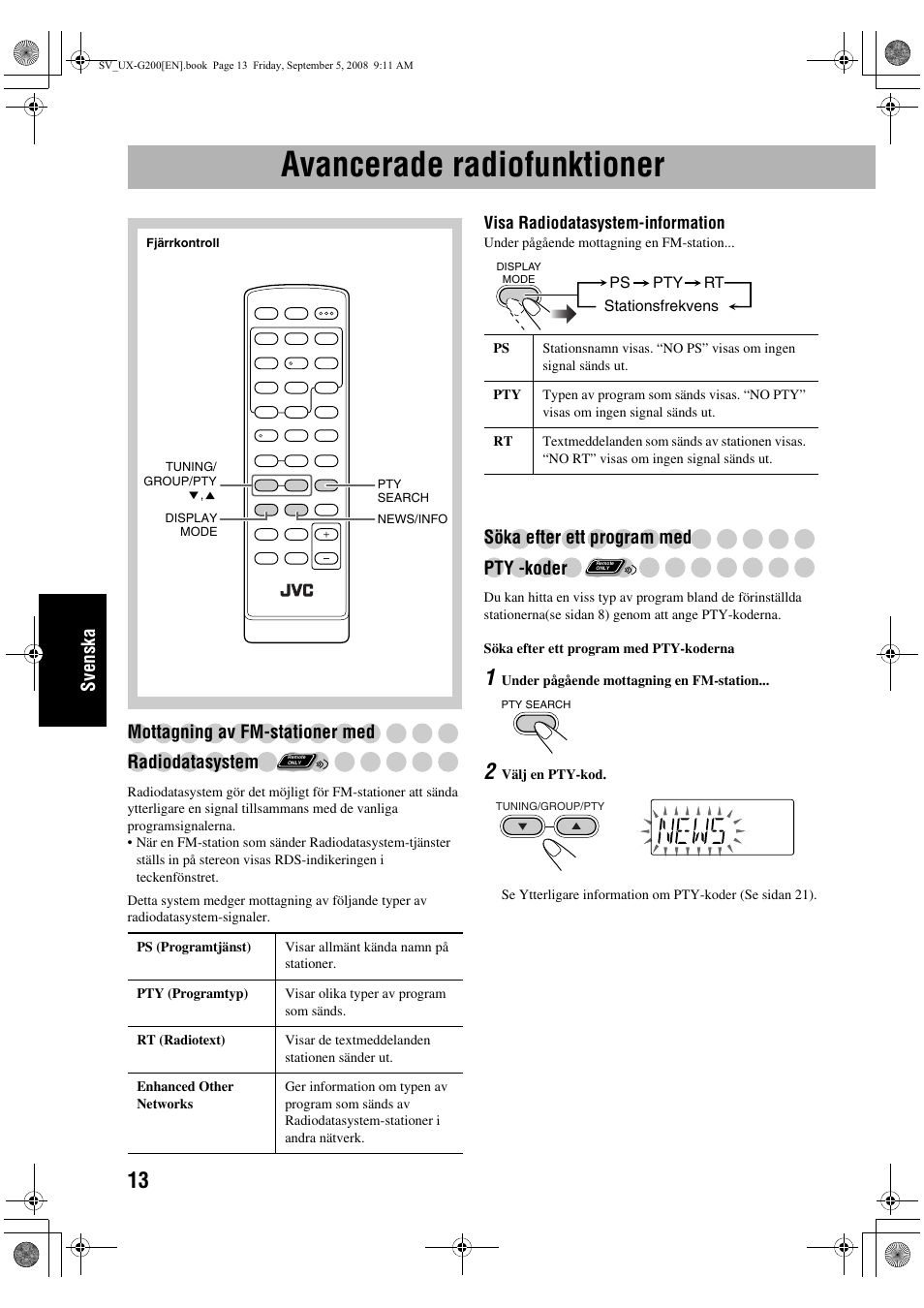 Avancerade radiofunktioner, Svenska, Mottagning av fm-stationer med radiodatasystem | Söka efter ett program med pty -koder | JVC UX-G200 User Manual | Page 94 / 155