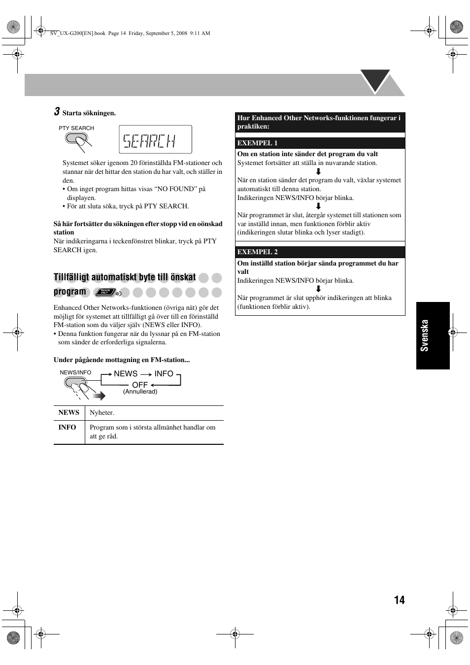 Svenska, Tillfälligt automatiskt byte till önskat program | JVC UX-G200 User Manual | Page 95 / 155