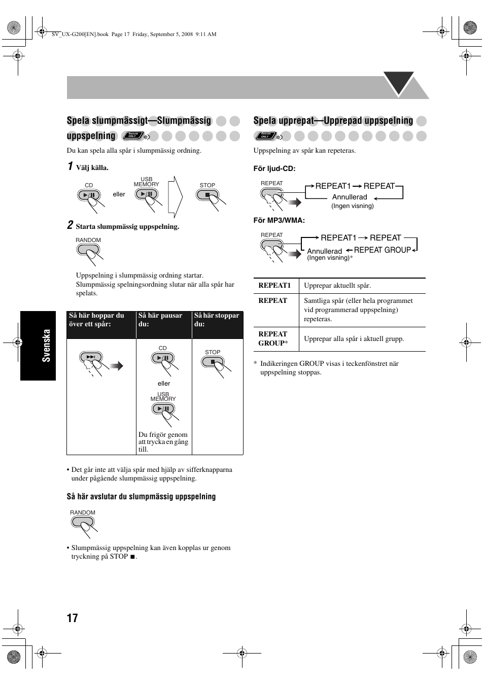 Svenska spela slumpmässigt—slumpmässig uppspelning, Spela upprepat—upprepad uppspelning | JVC UX-G200 User Manual | Page 98 / 155