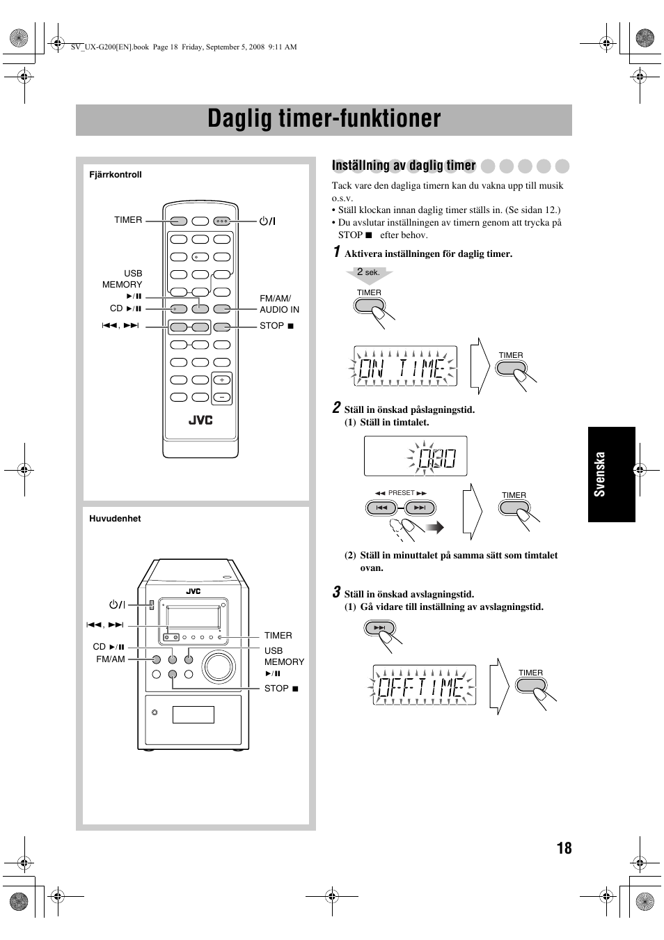 Daglig timer-funktioner, Svenska, Inställning av daglig timer | JVC UX-G200 User Manual | Page 99 / 155