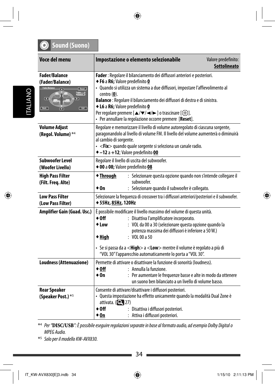 Sound (suono), 34 it aliano | JVC KW-AVX830 User Manual | Page 102 / 279