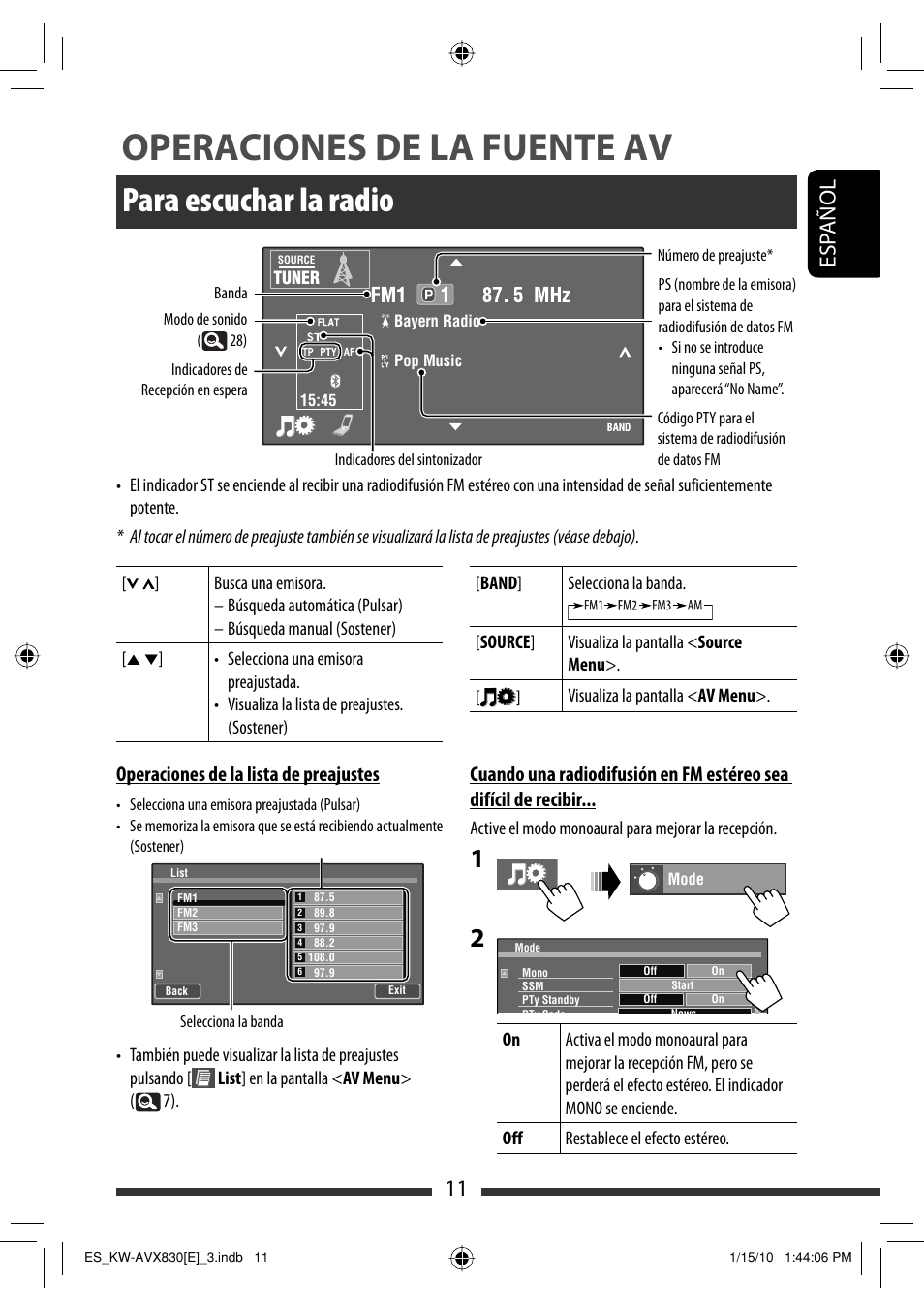 Operaciones de la fuente av, Para escuchar la radio, 11 esp añol | Operaciones de la lista de preajustes | JVC KW-AVX830 User Manual | Page 11 / 279