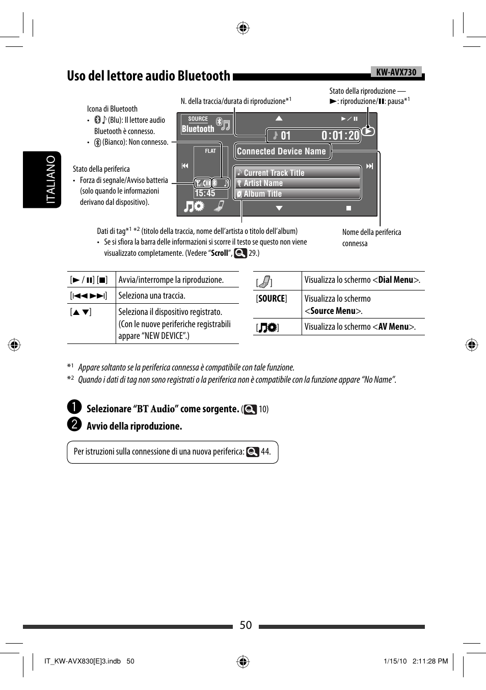 Uso del lettore audio bluetooth, 50 italiano | JVC KW-AVX830 User Manual | Page 118 / 279