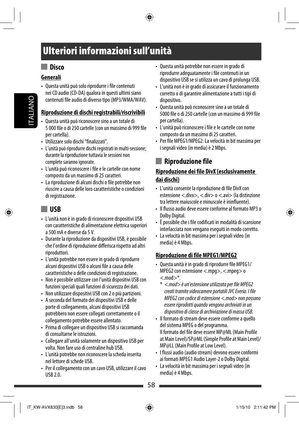 Ulteriori informazioni sull’unità, Riproduzione file, Disco | 58 italiano | JVC KW-AVX830 User Manual | Page 126 / 279